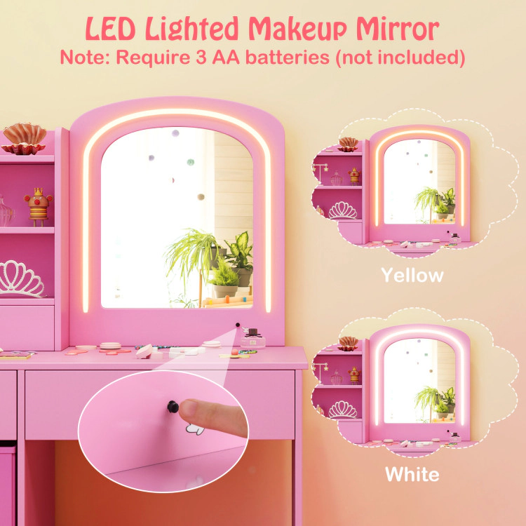 Hivvago Kids Vanity Set With Lighted Mirror Makeup Desk And Chair Drawers