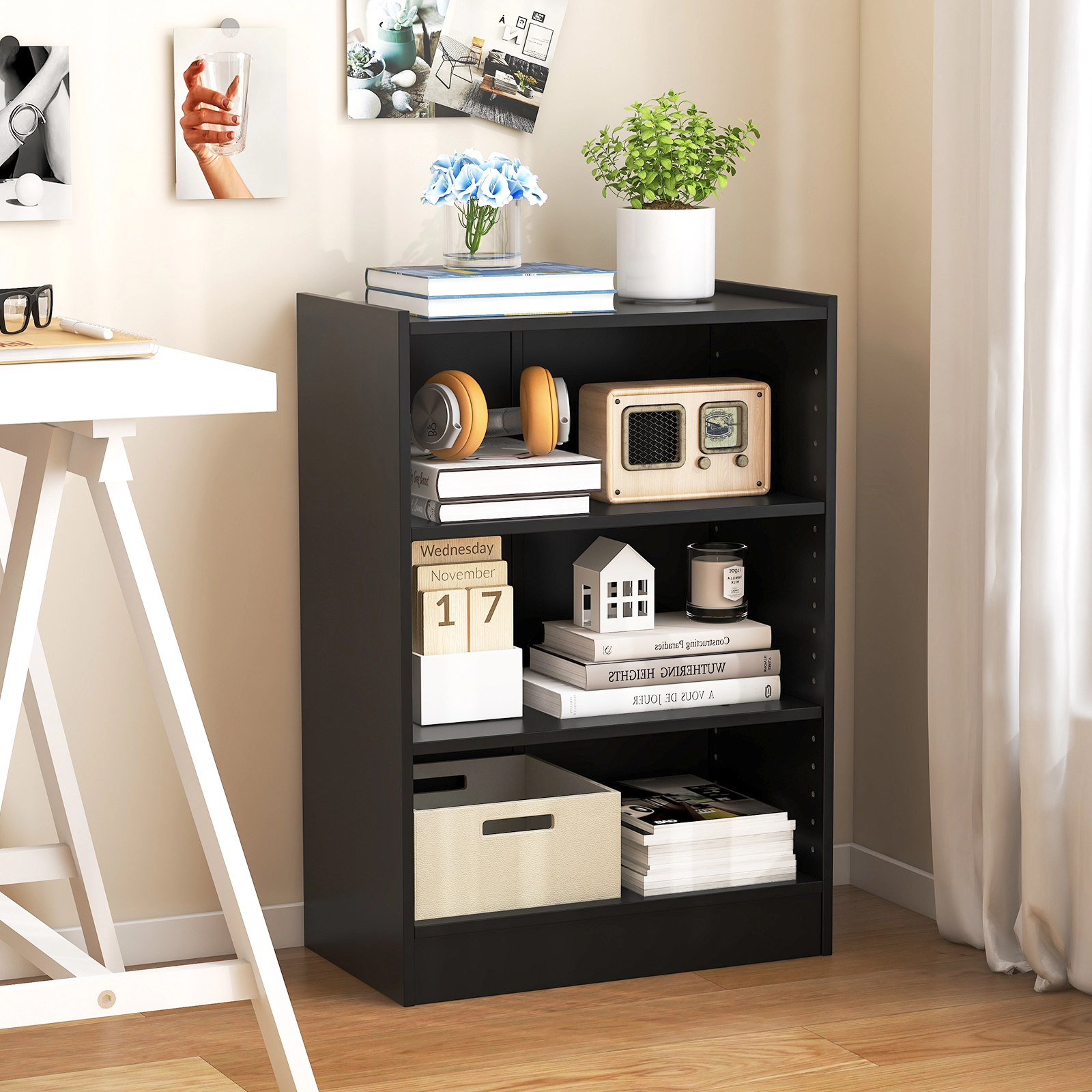 SUGIFT 3-Tier Black 29.5-in Small Bookshelf with 18-Position Adjustable Shelves and Open Display Rack