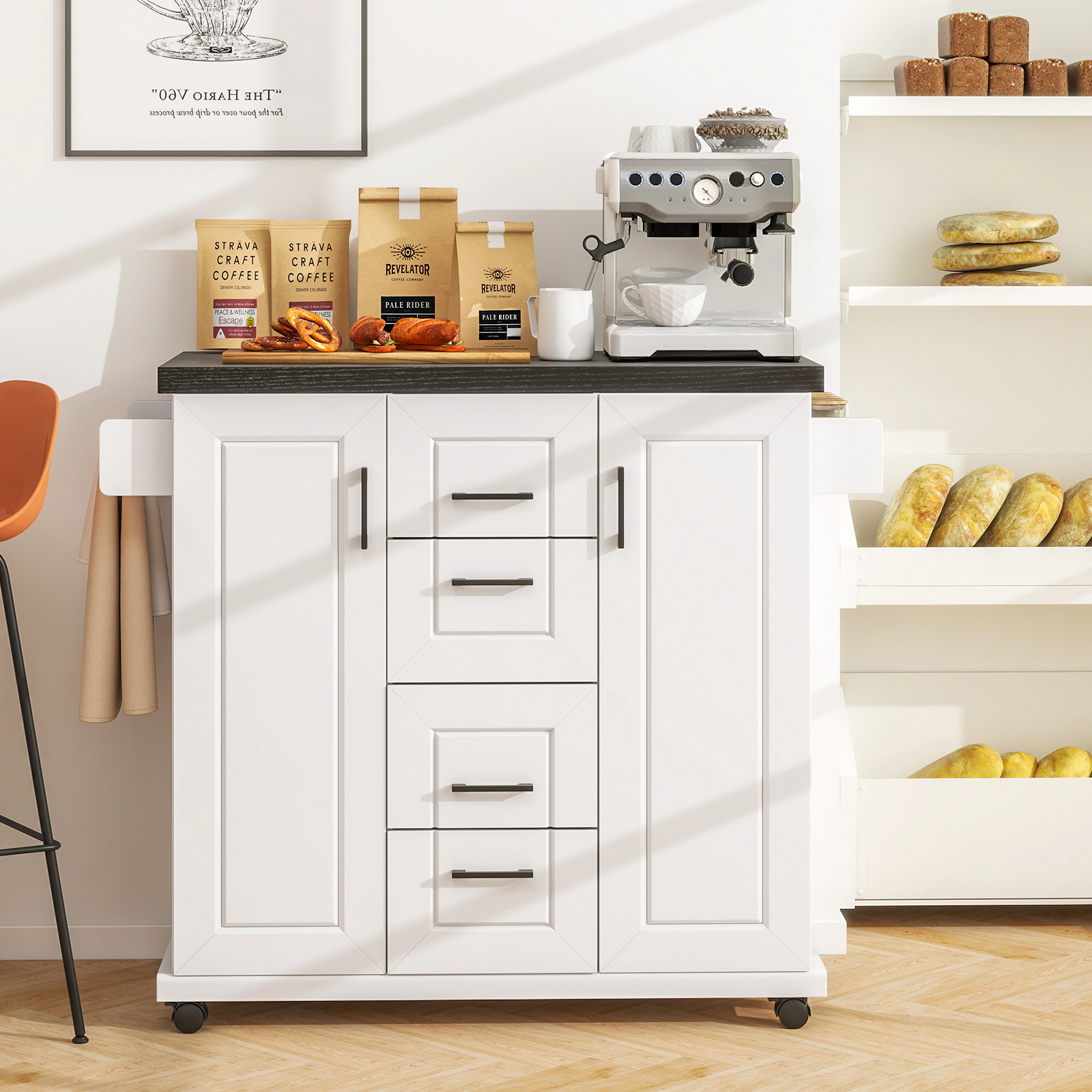 SUGIFT Rolling Kitchen Island White with 4 Drawers 2 Cabinets Spice Rack and Towel Rack