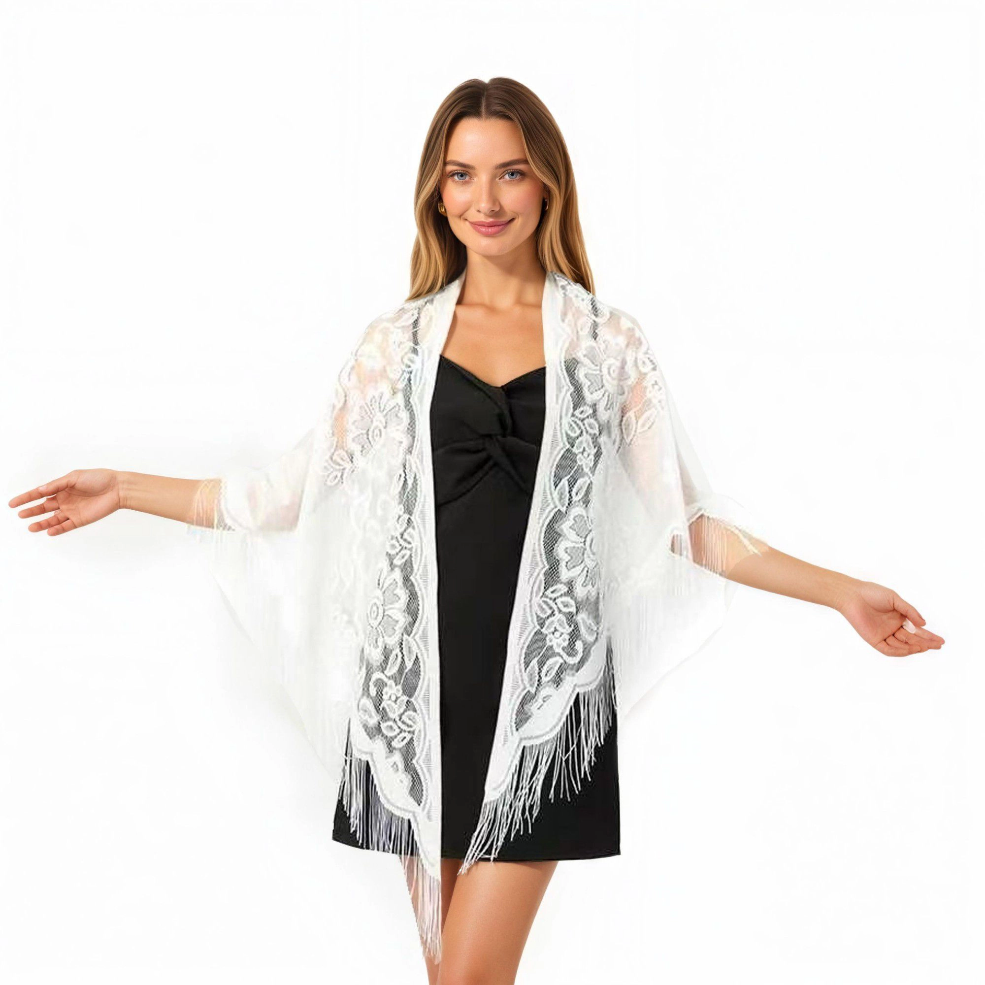 Anna-Kaci Women's Sheer Lace Shawl with Floral Embroidery and Fringe Hem Detailing