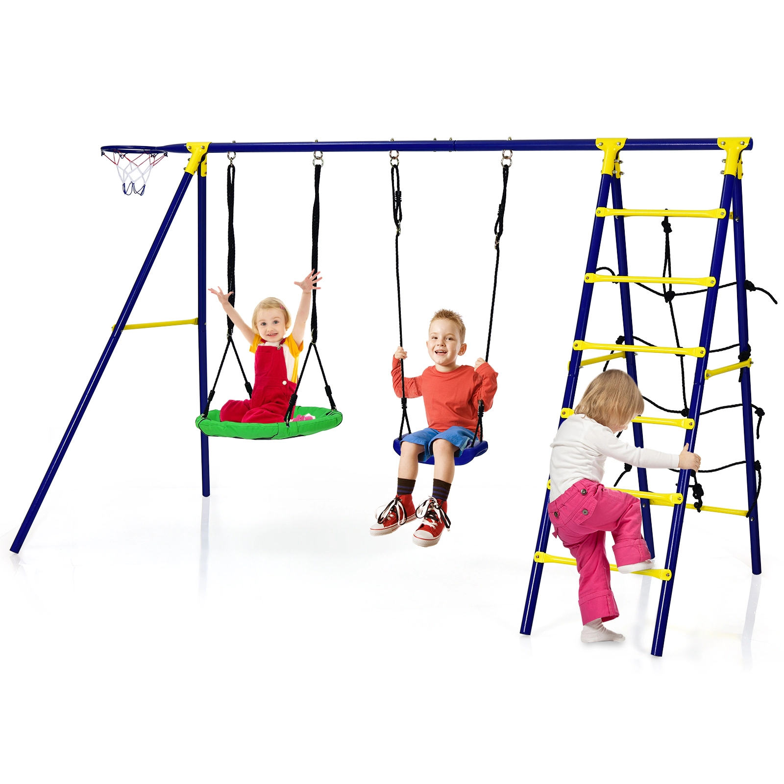 SUGIFT Kids Blue 5-in-1 Metal Swing Set with Basketball Hoop and Climbing Net 116-in W 69.5-in H 166-lb Per Seat