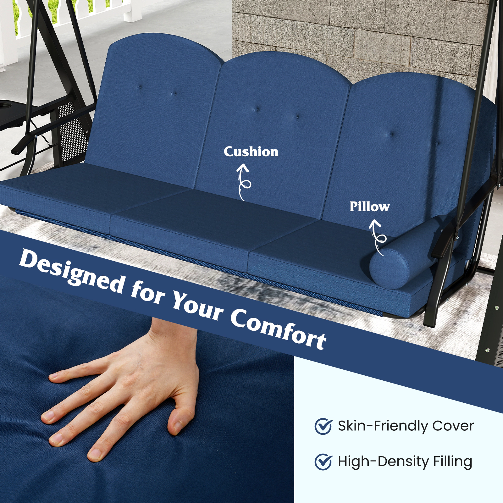 SUGIFT 3-Seat Patio Swing Chair Adjustable 60° Canopy 1000-lb Capacity with Thickened Cushions Pillow & Foldable 12.5