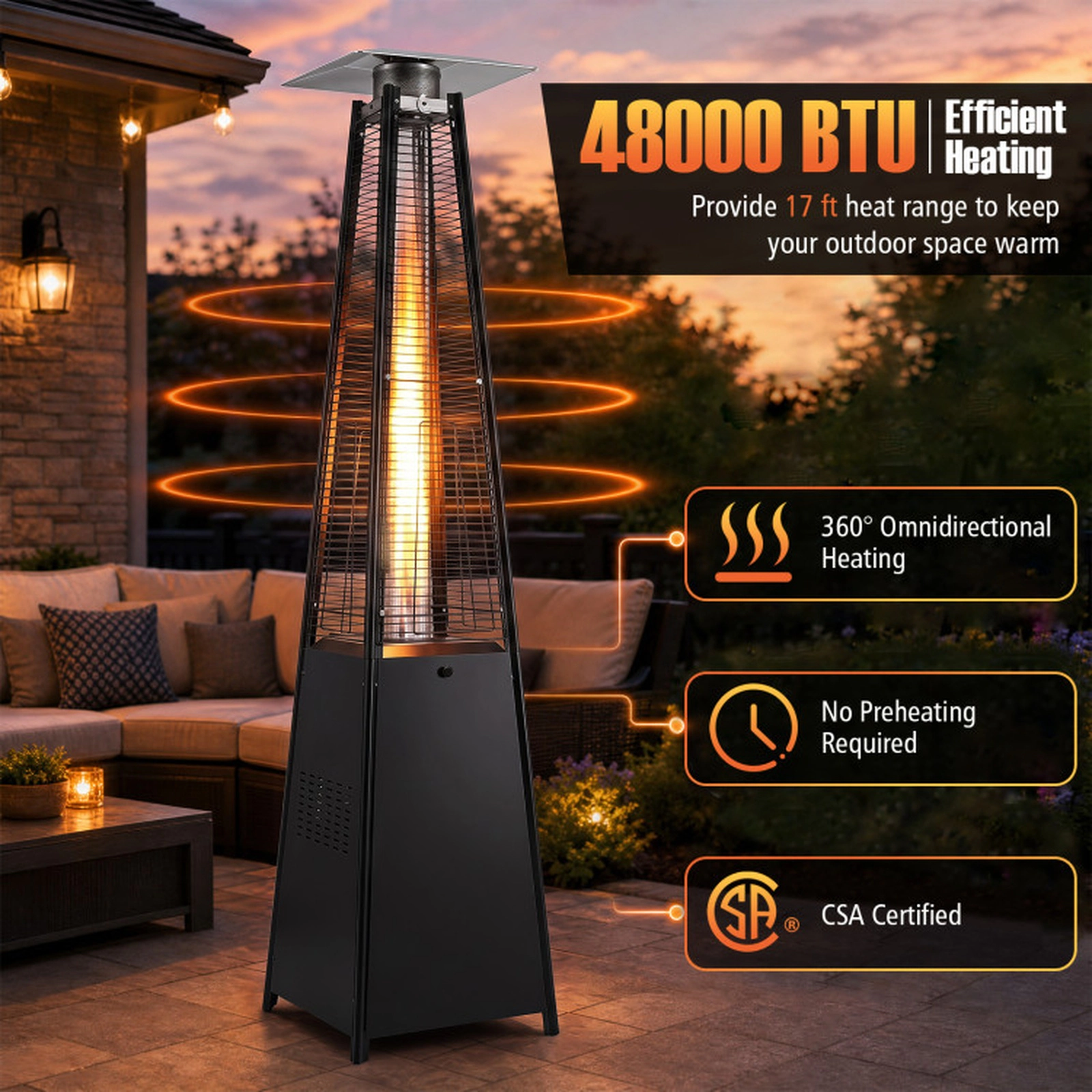 SUGIFT 45000-BTU Black 17-ft Range Pyramid Propane Patio Heater with Zippered Cover and Rolling Wheels