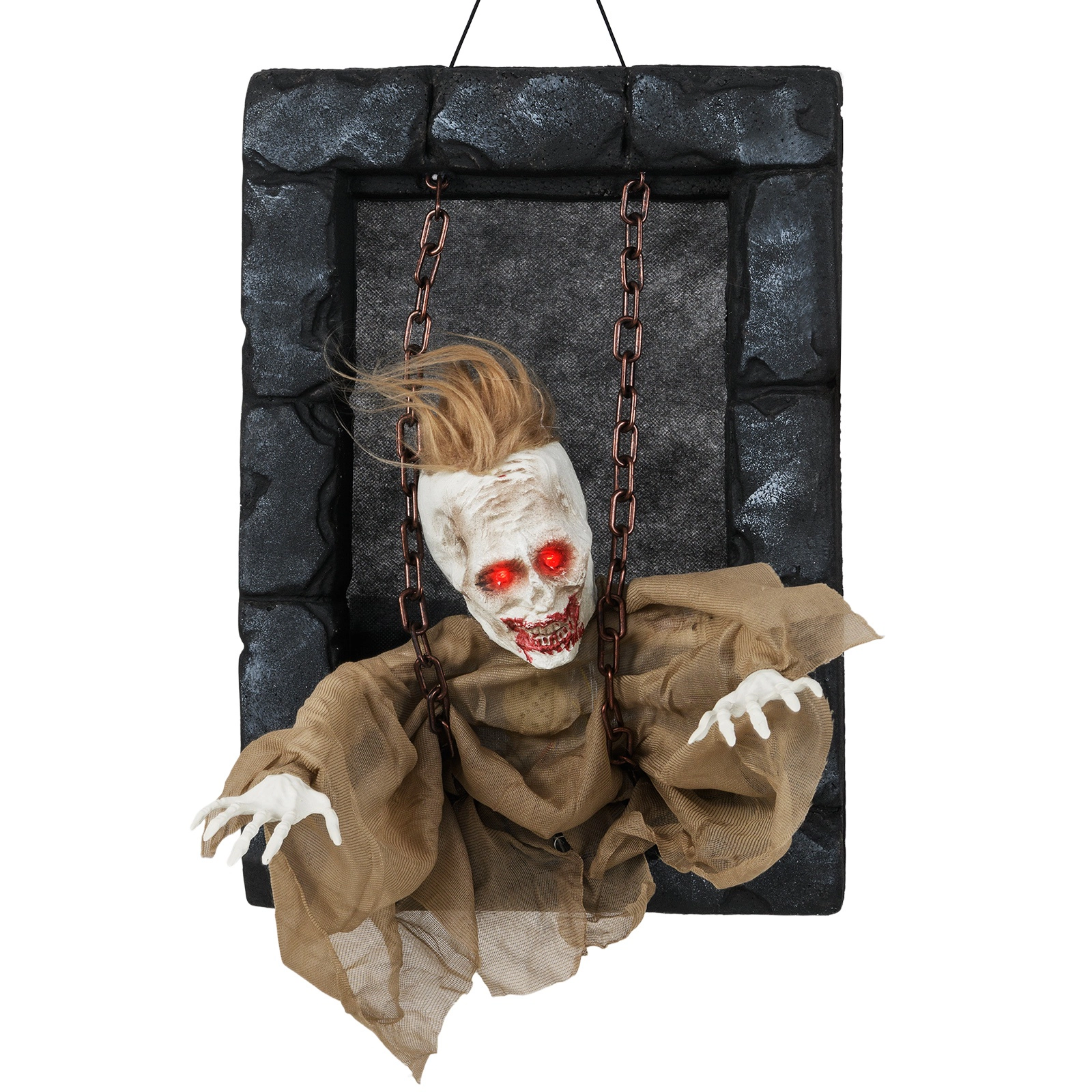 SUGIFT 18-in x 12.5-in Sound-Activated Red LED Eyes Hanging Halloween Zombie Prisoner Decor 3-in Frame 1-lb