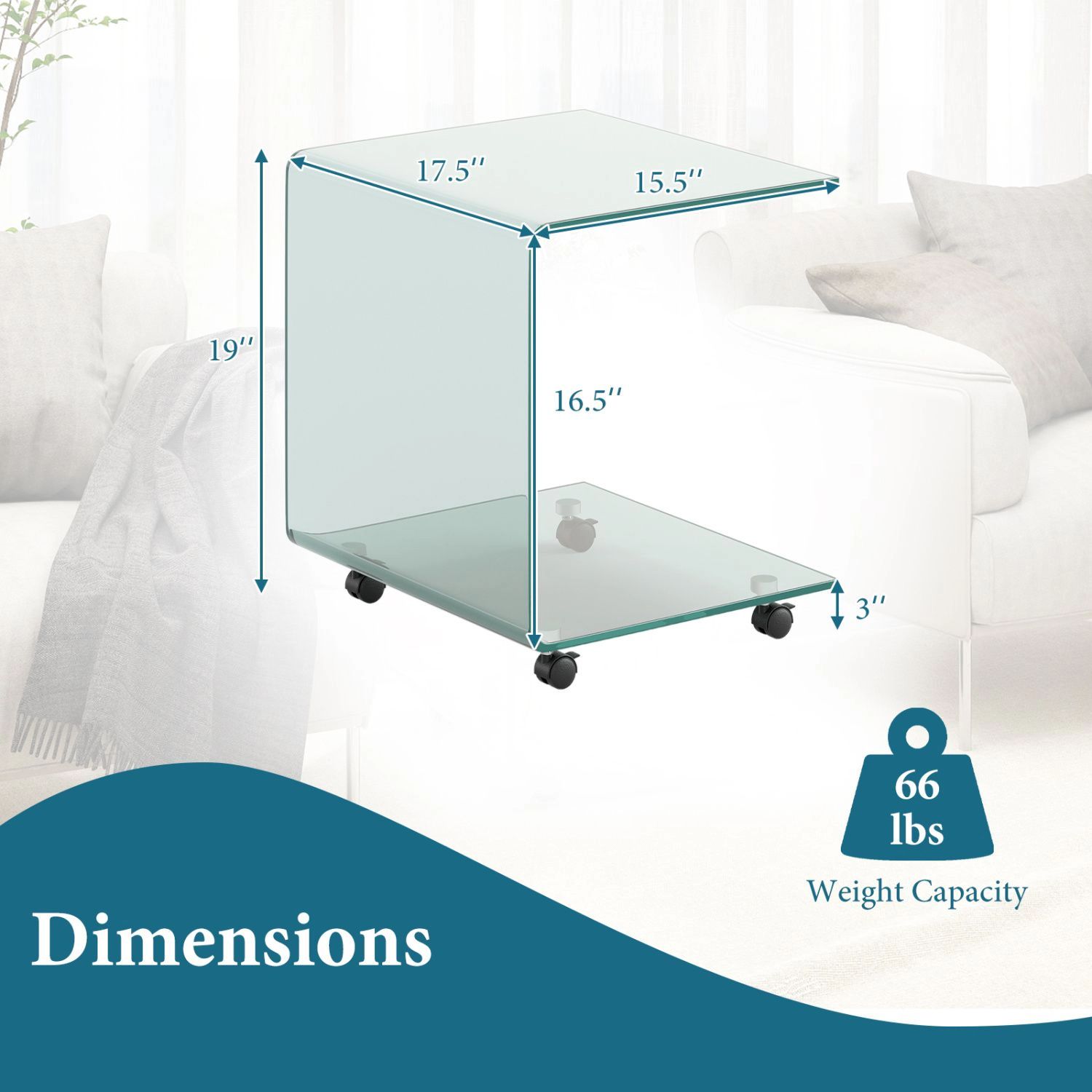 SlickBlue Mobile Side Table with Lockable Wheels, Glass Surface and Open Storage
