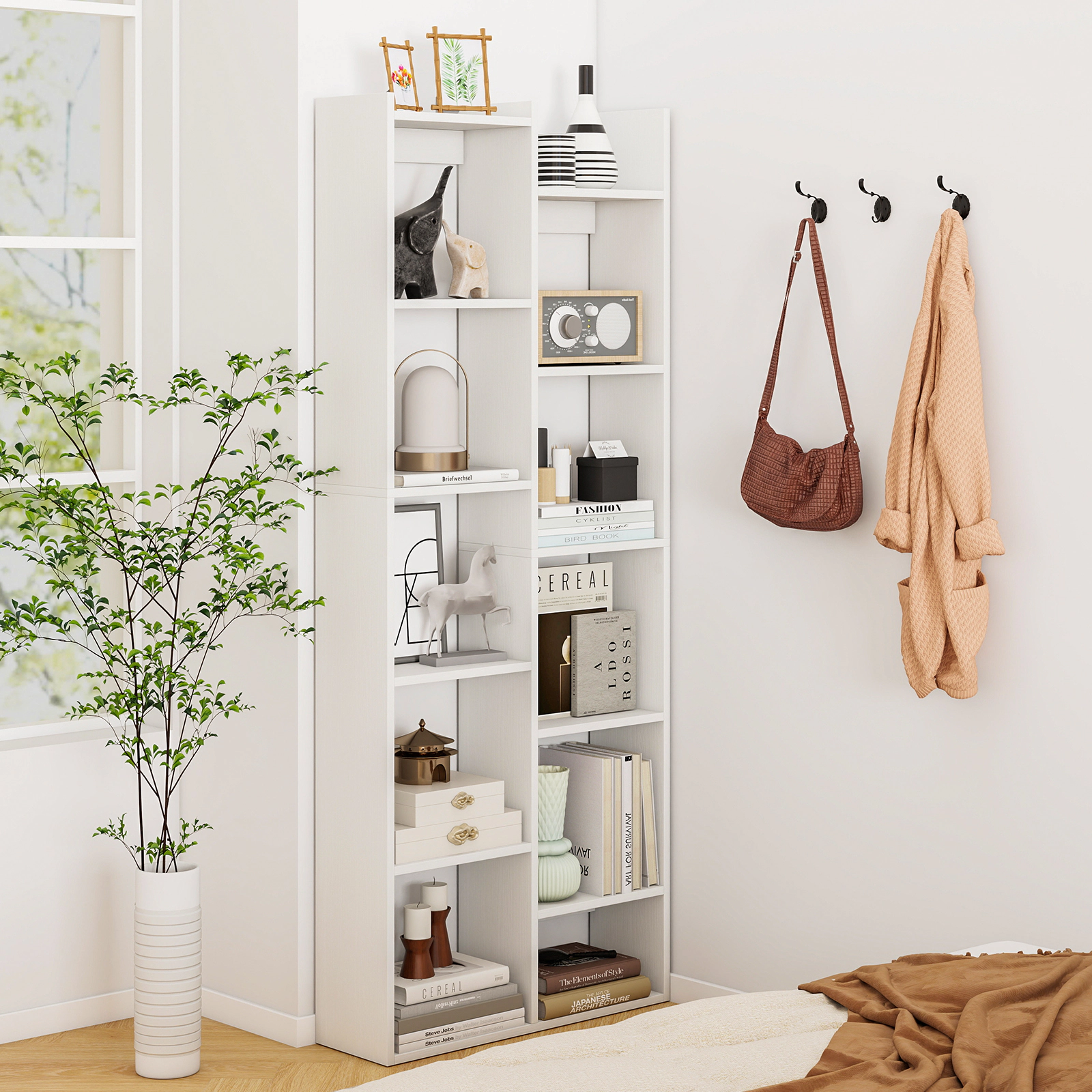 Costway 11-Tier Bookcase w/Anti-Tipping Kits Wood Display Shelf Tree-Shaped Bookshelf White
