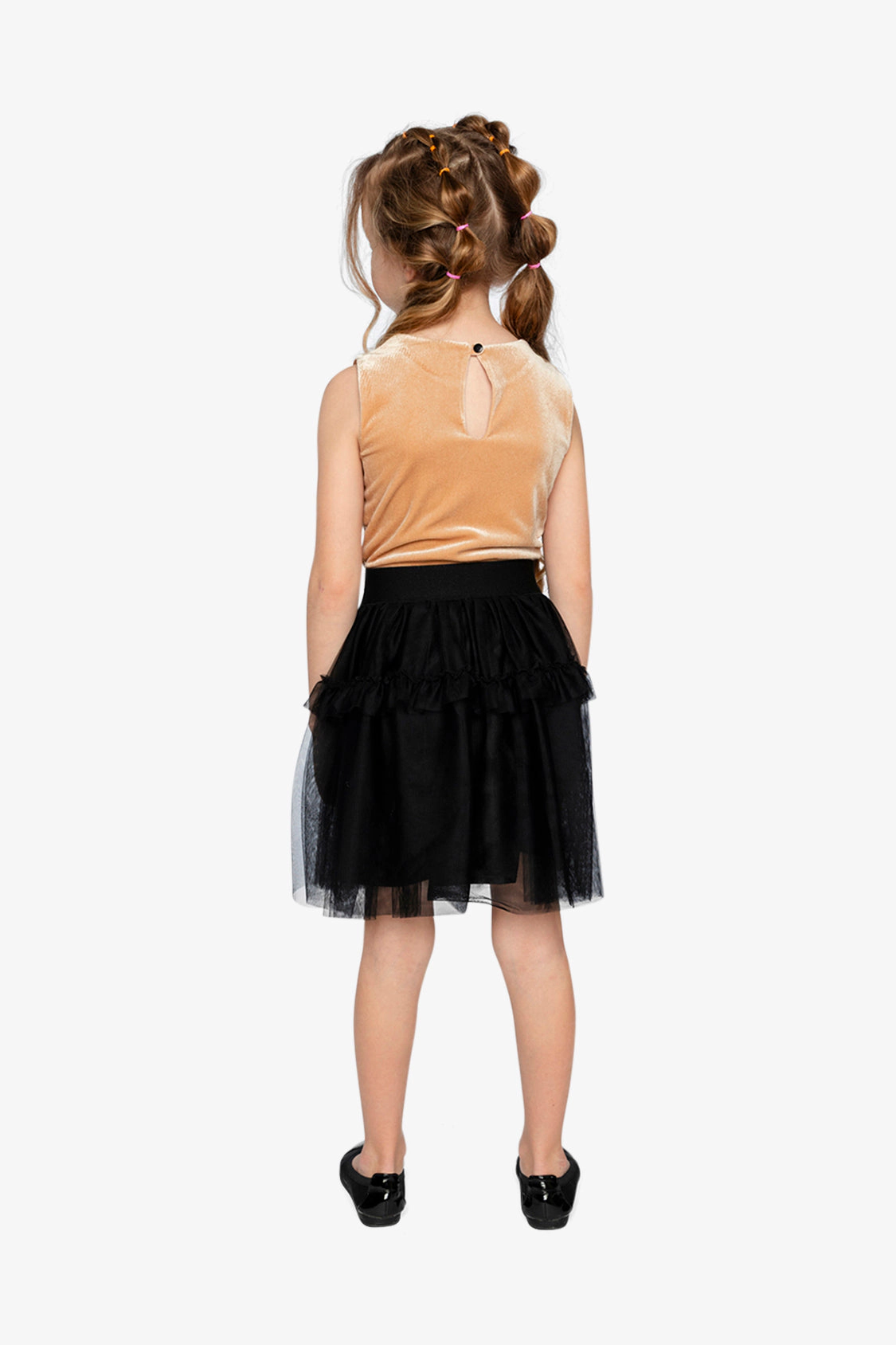 Deux par Deux Girls Bi-Material Sleeveless Tiered Mesh Ruffle Dress