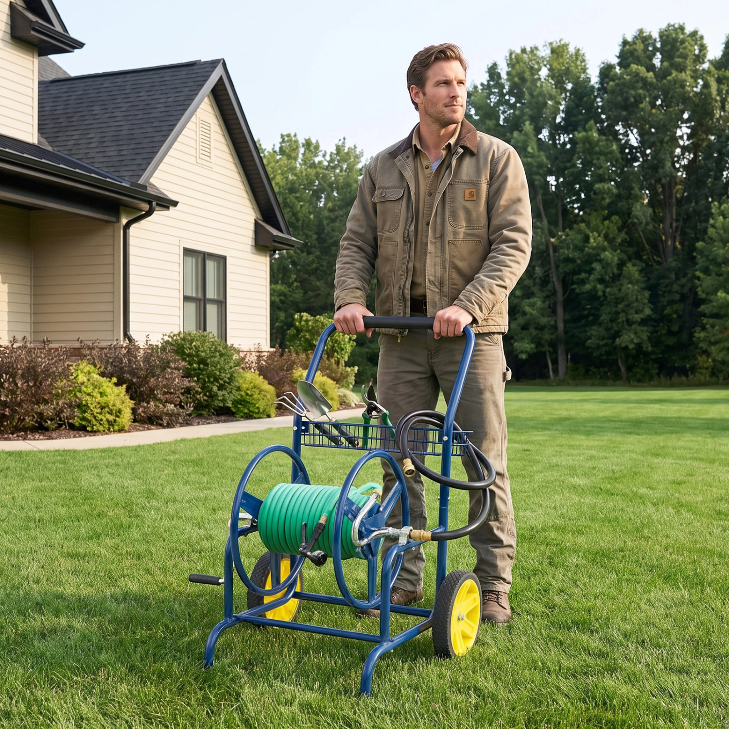 LJG Garden Hose Reel Cart with 2 Wheels and Storage Basket