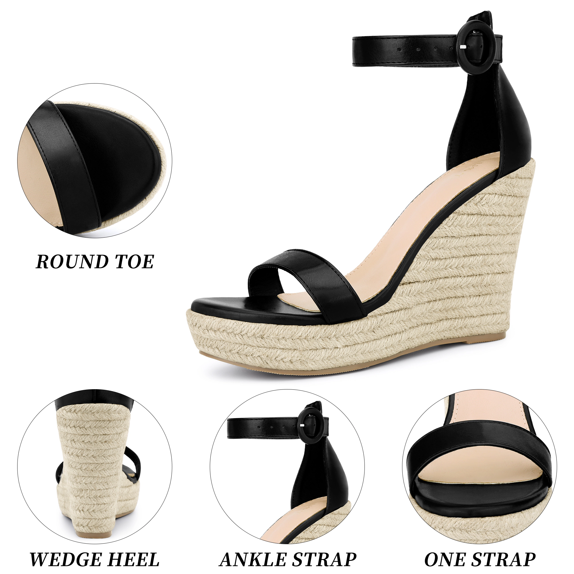 BLISSFUL STEP Women's Faux Leather Platform Wedge Ankle Strap Espadrille Sandals