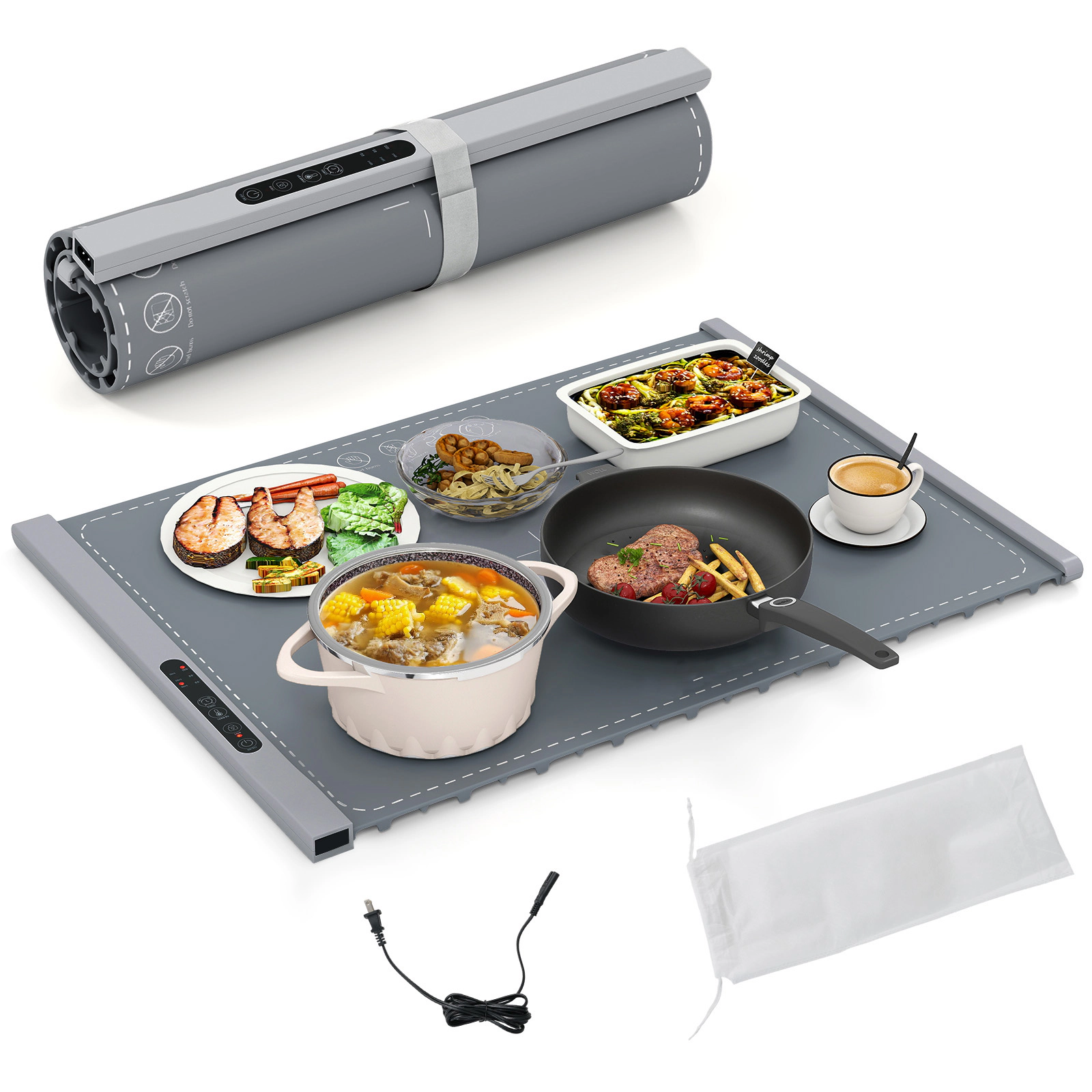 SUGIFT Gray Rollable Electric Food Warming Mat with 3 Heat Settings and Timer 260W 24-in W 17-in D 0.8-in H