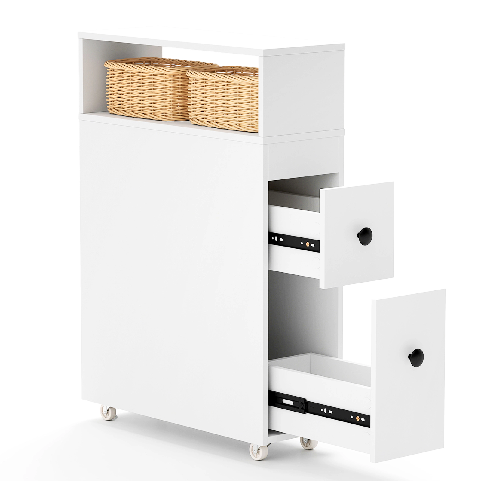 Slickblue White Narrow Bathroom Storage Cabinet with Wheels and Removable Baskets