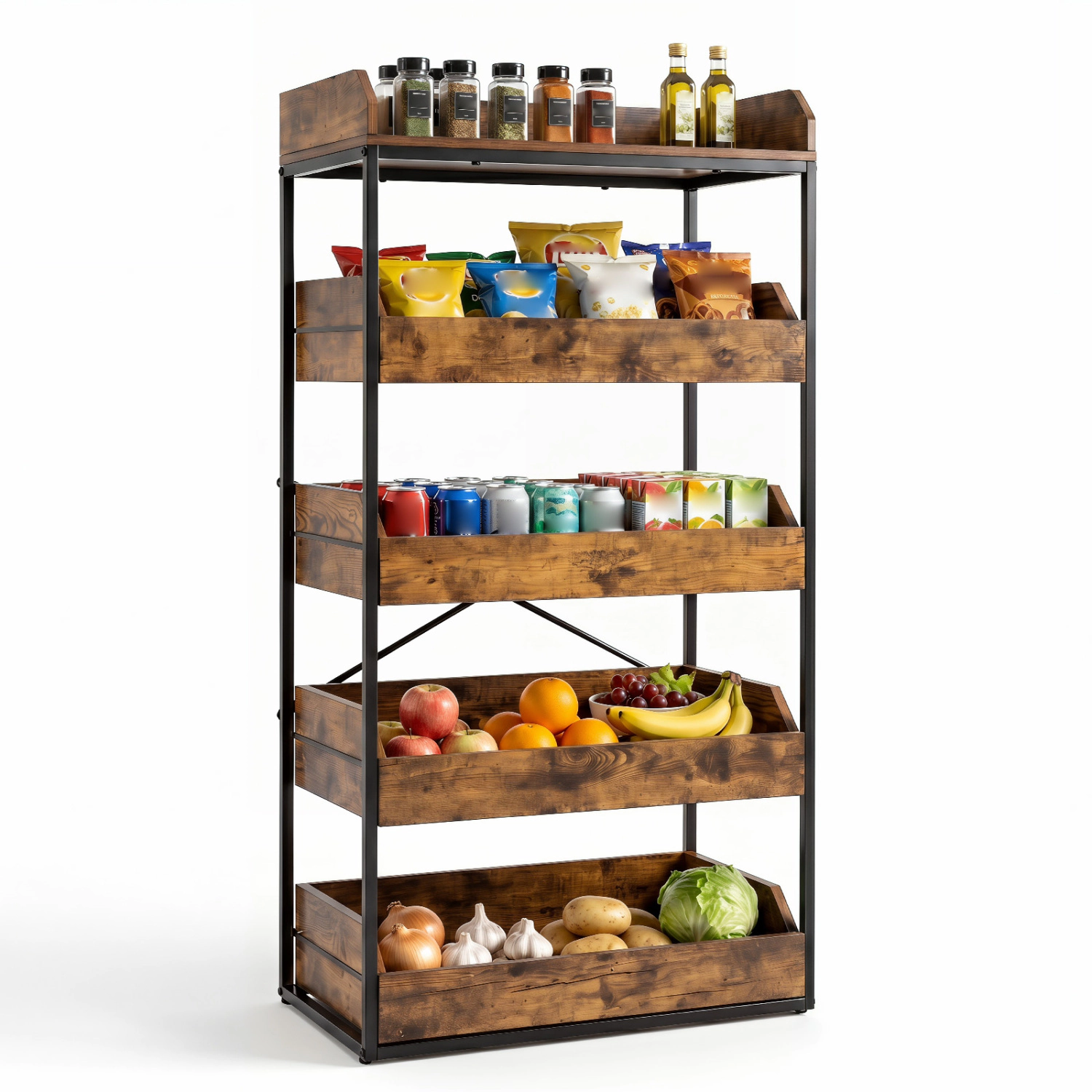 LJG 5-Tier Food Storage Rack with 4 Pull-Out Drawers and Adjustable Feet