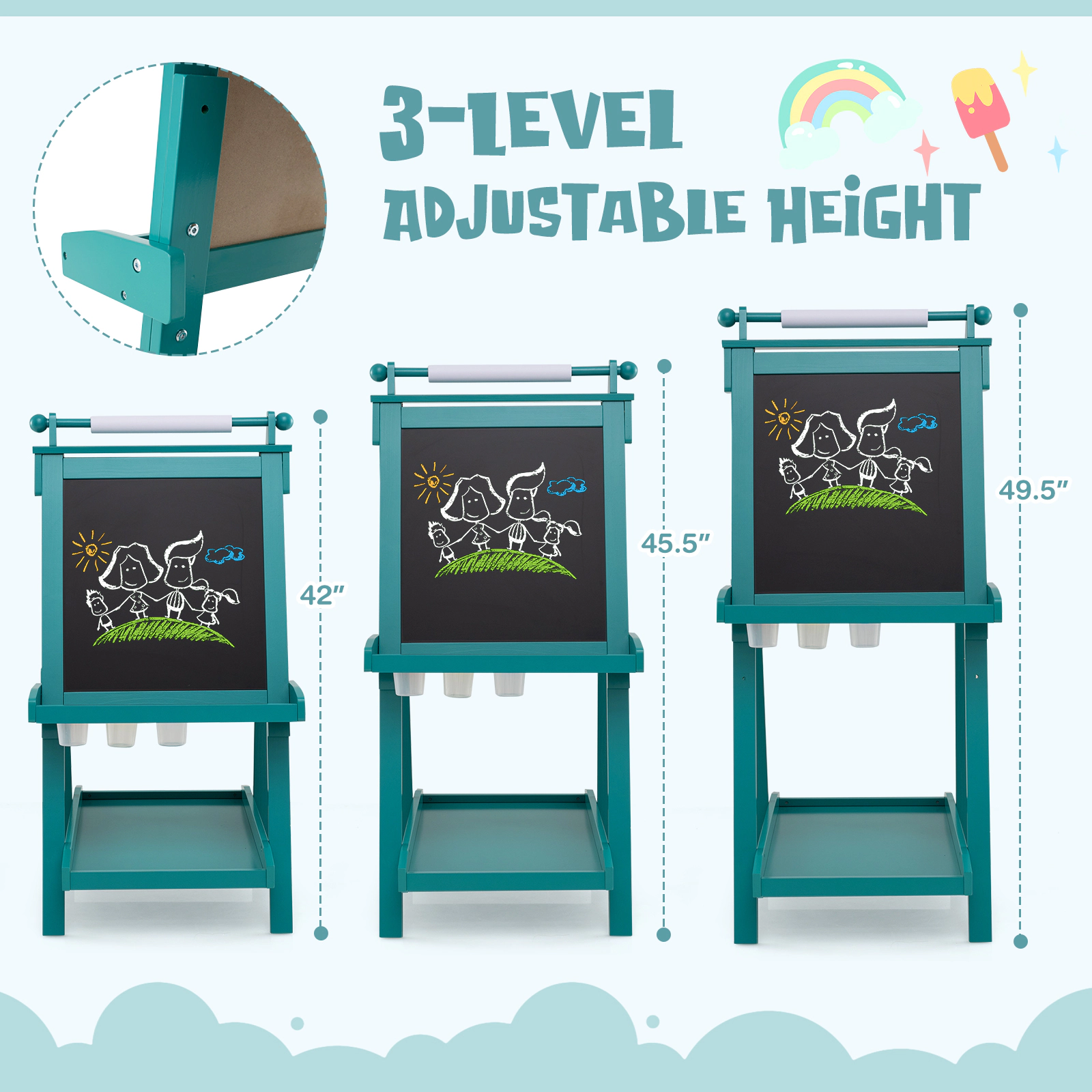 3-in-1 Double-Sided Chalkboard Easel for Kids Easy-Erase Magnetic Whiteboard 16.4-ft Replaceable Paper Roll Green