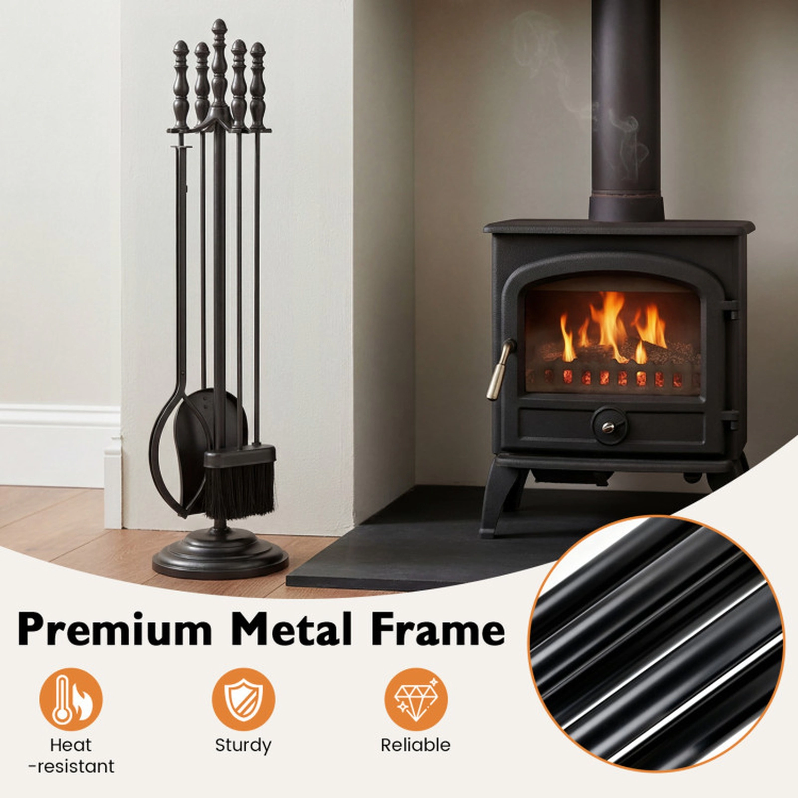SUGIFT 5-Piece Poker Tongs Brush Shovel Round Stand Fireplace Tool Set 27-in Tools 8-in x 31.5-in Base 9-lb Black