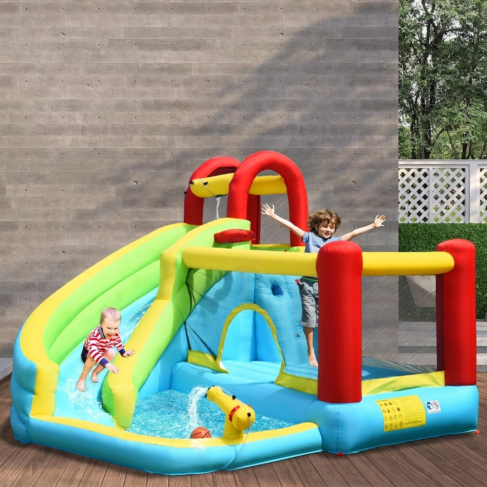 SUGIFT 6-in-1 Inflatable Bounce House with Climbing Wall, Water Slide, Pool and Basketball Hoop 300-lb Capacity