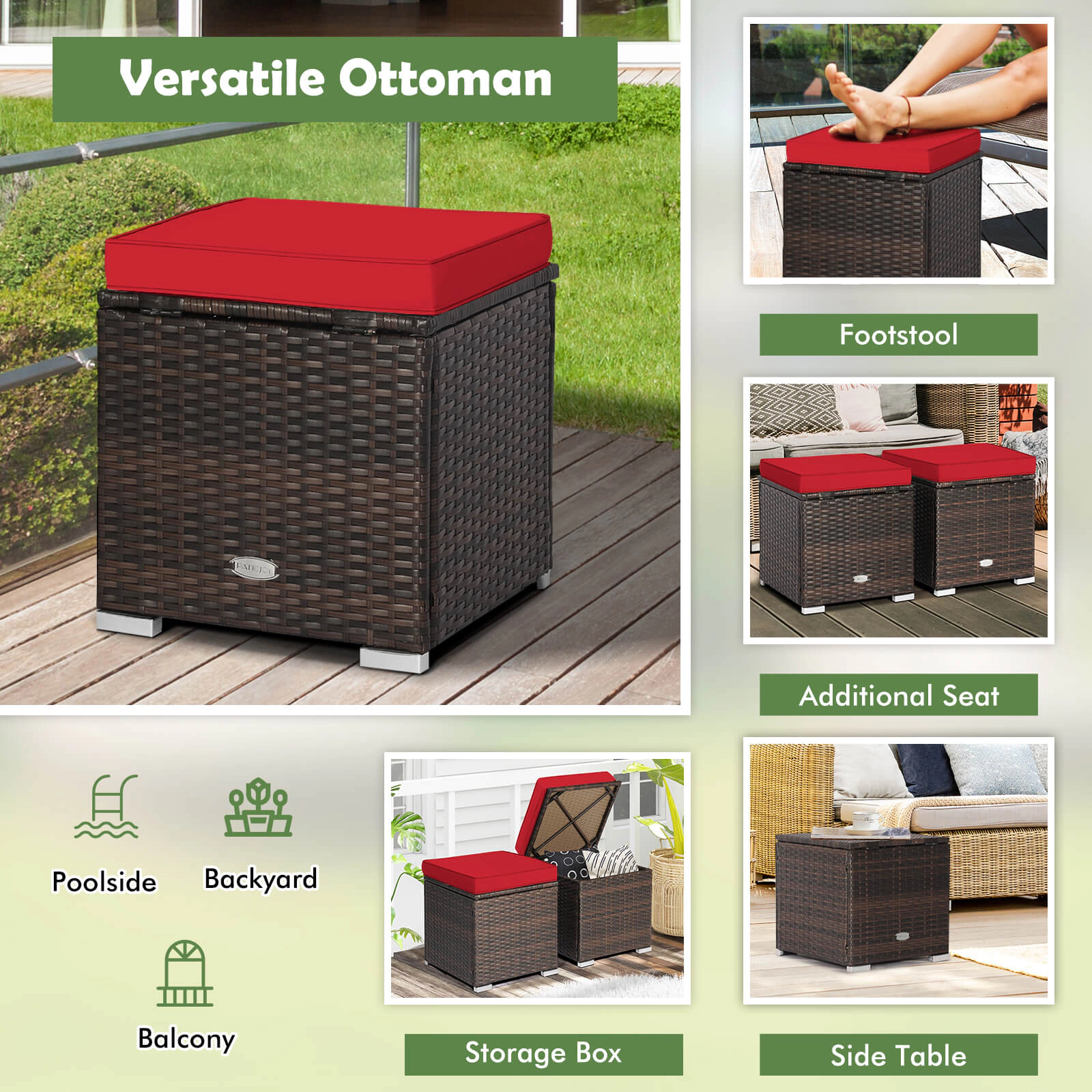 SUGIFT 2-Piece Patio Ottoman Storage Set with Removable Cushions 350-lb Top Capacity Red Mix Brown Rattan