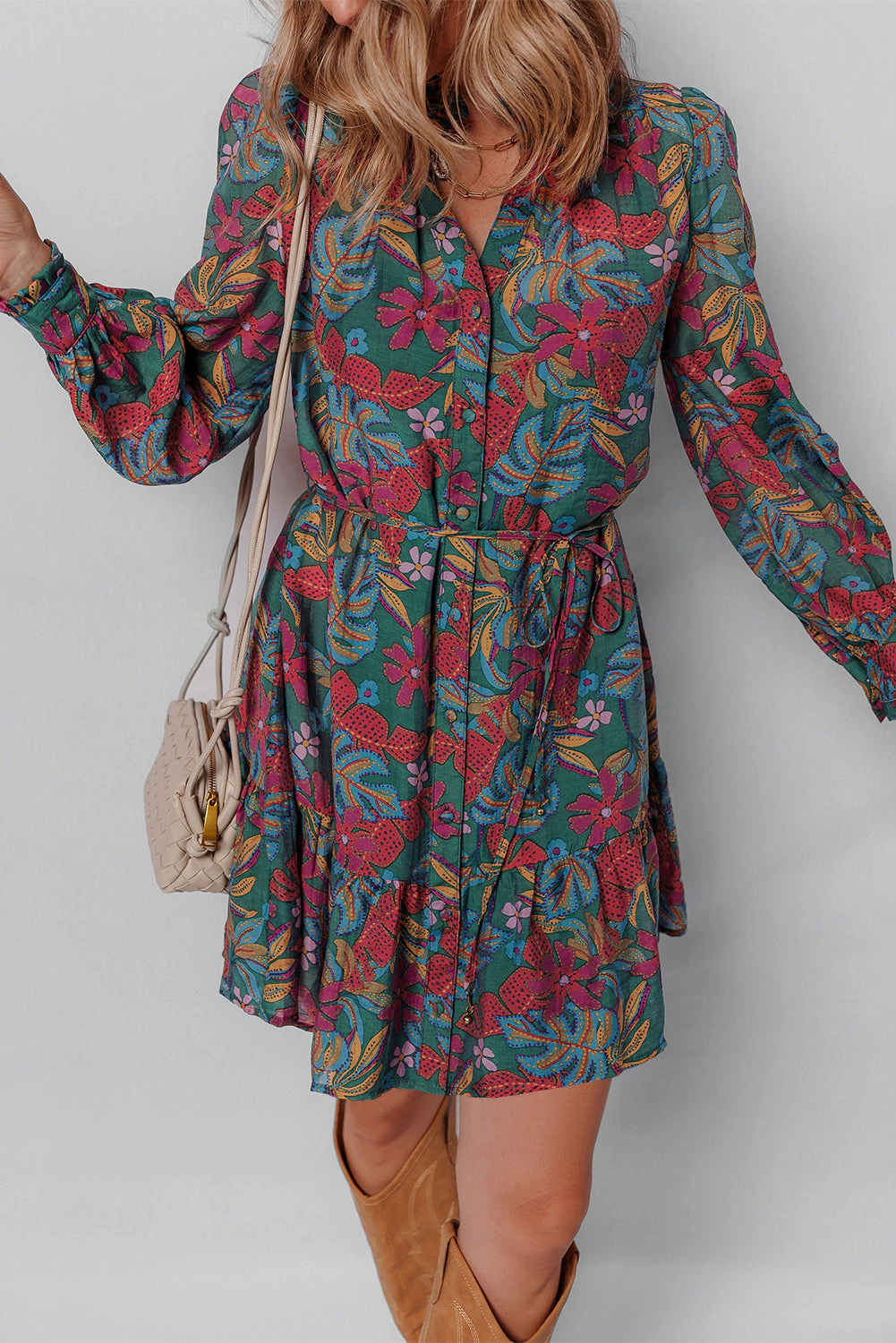 Threaded Pear Women's Maria Floral V Neck Puff Sleeve Dress