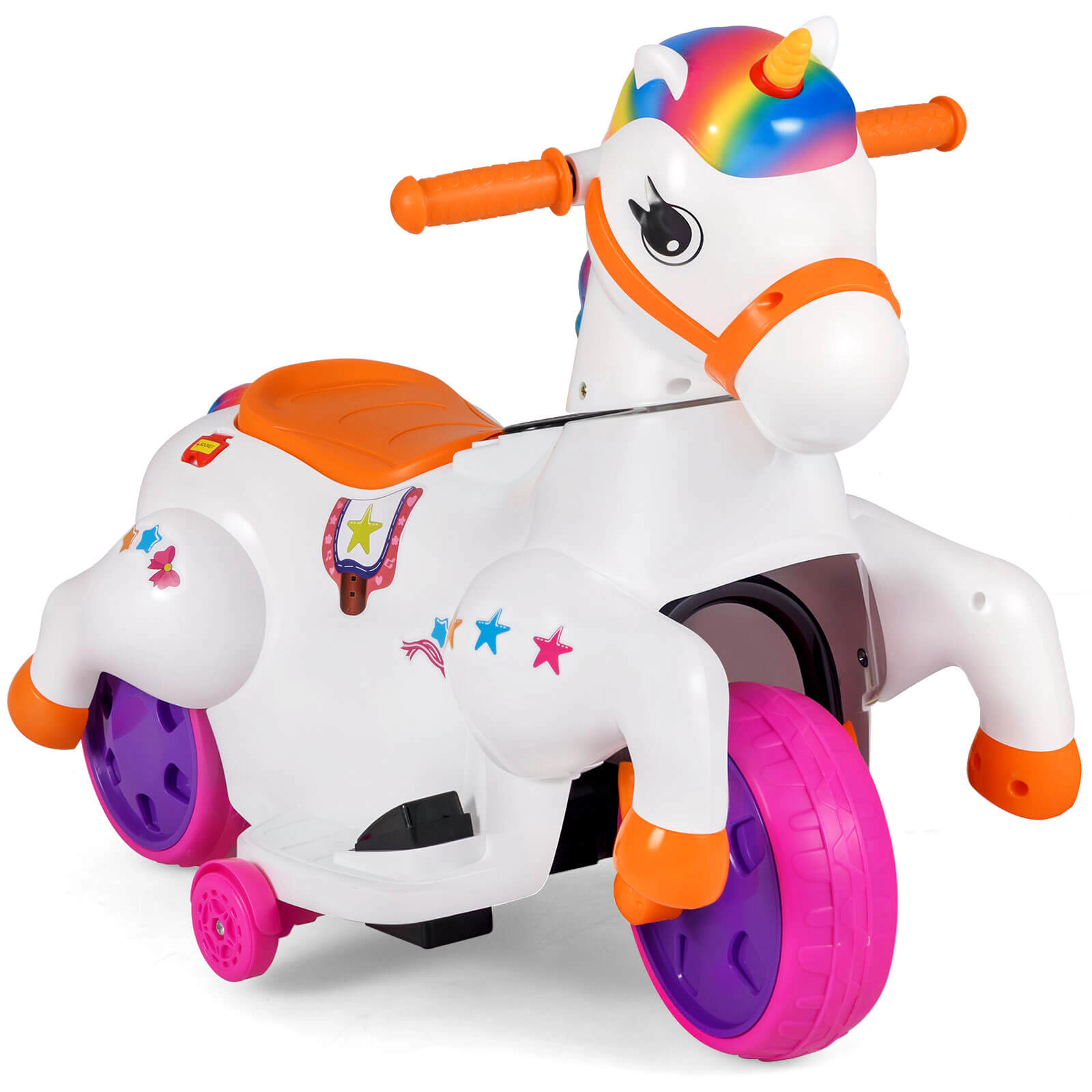 Costway 12V Kids Ride on Unicorn Toy with  Training Wheels Music One-button Start Horse Toy Multicolor