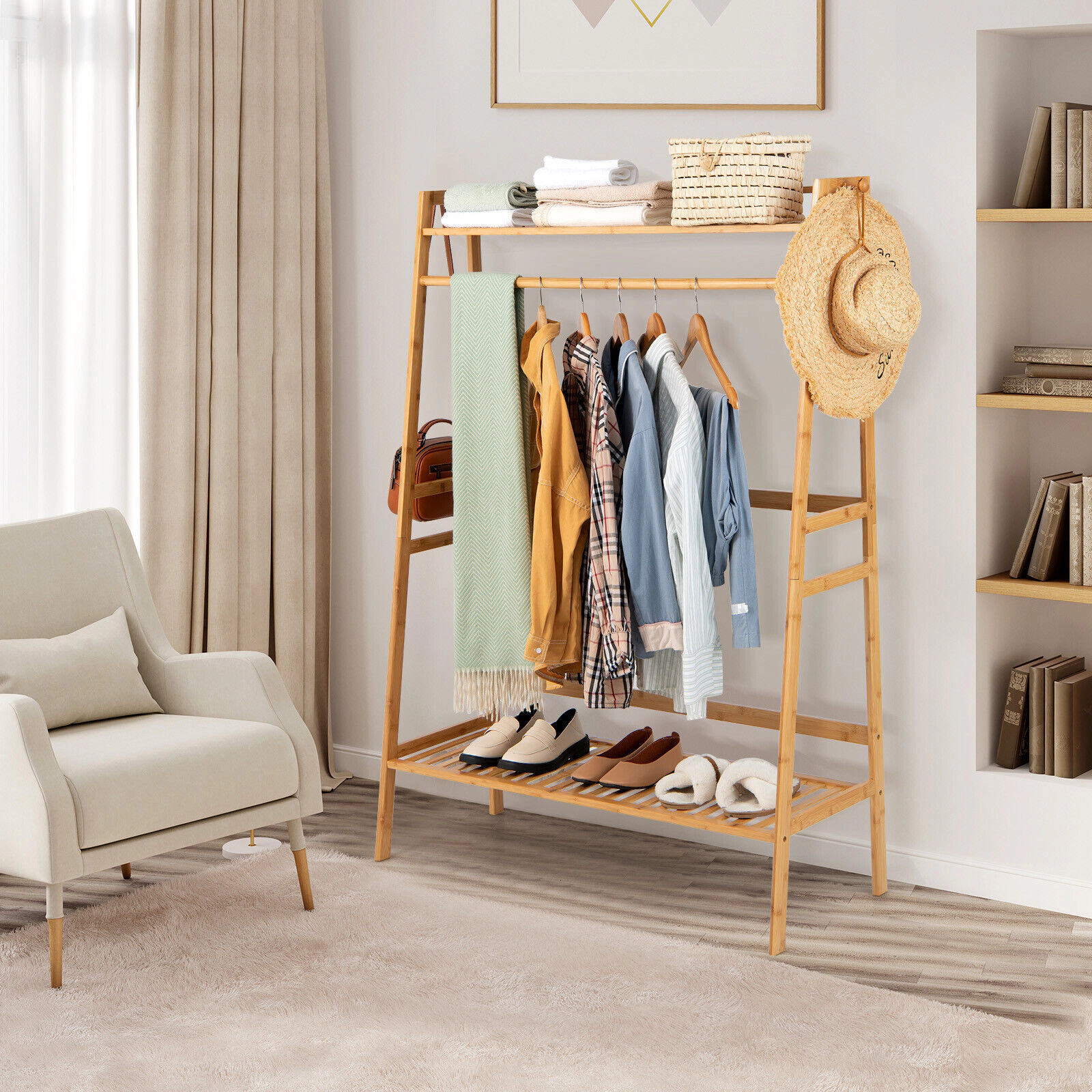 SUGIFT 55-in 66-lb Shelf Bamboo Clothing Rack and Garment Stand with 2-Tier Storage Shelves and Hanging Rod