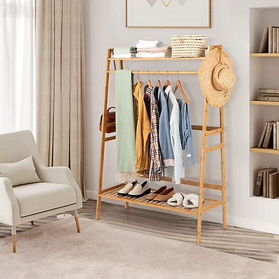 SUGIFT 55-in 66-lb Shelf Bamboo Clothing Rack and Garment Stand with 2-Tier Storage Shelves and Hanging Rod