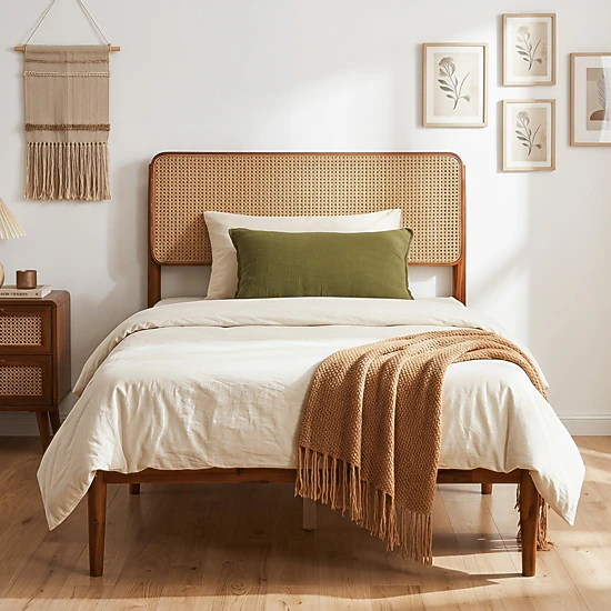 SUGIFT Twin Boho Rattan Bed Frame, Acacia Wood Platform, Brown