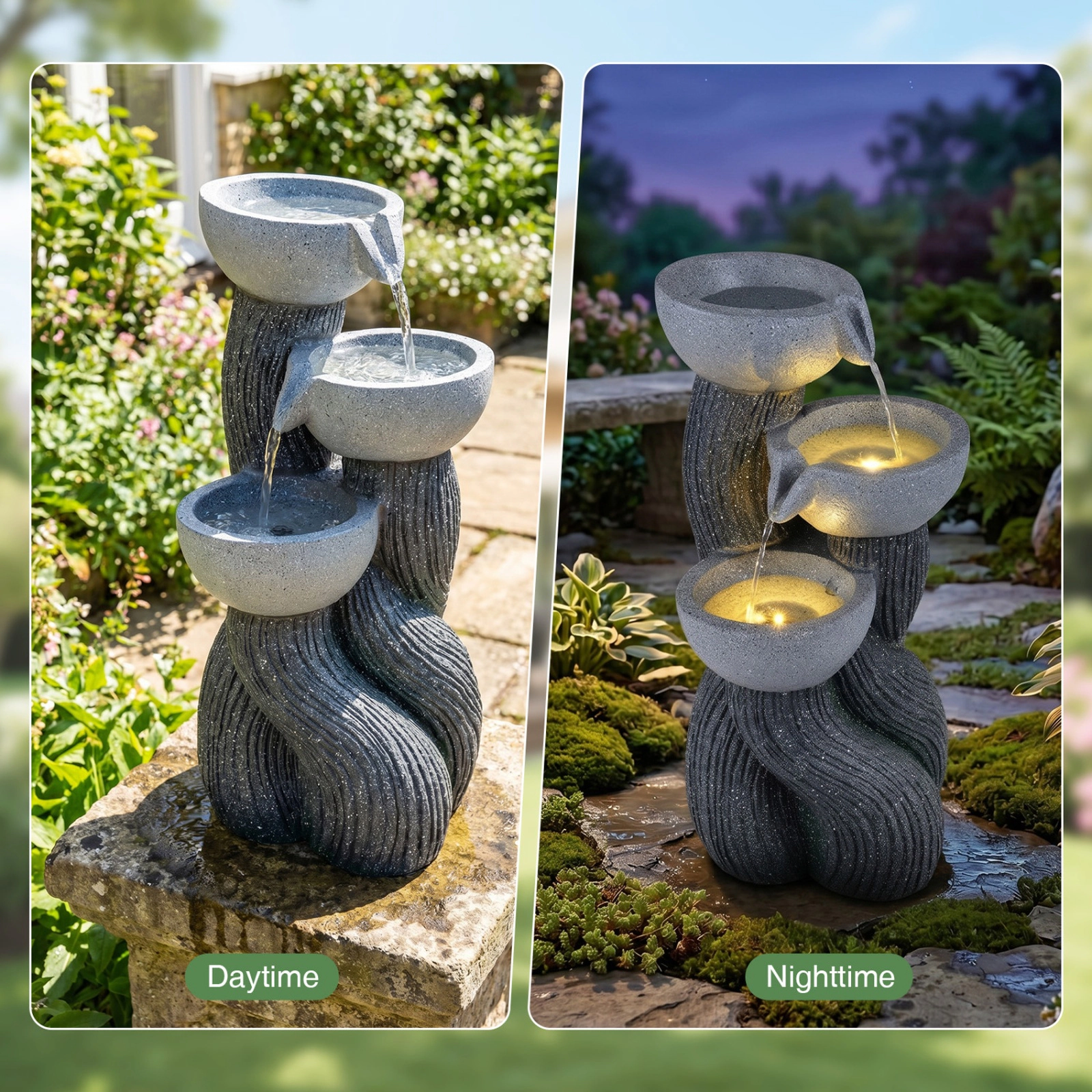 SUGIFT 3-Tier Outdoor Water Fountain Gray 18.5 Inch with LED Lights for Patio
