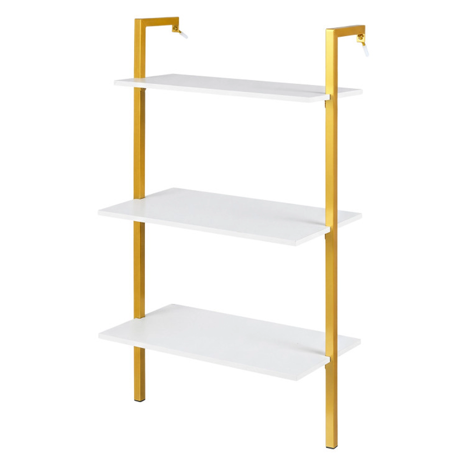 SUGIFT 3-Tier Wall Mounted Bookcase Floating Shelving Unit with Metal Ladder Frame 22-lb Shelf Capacity Gold and White