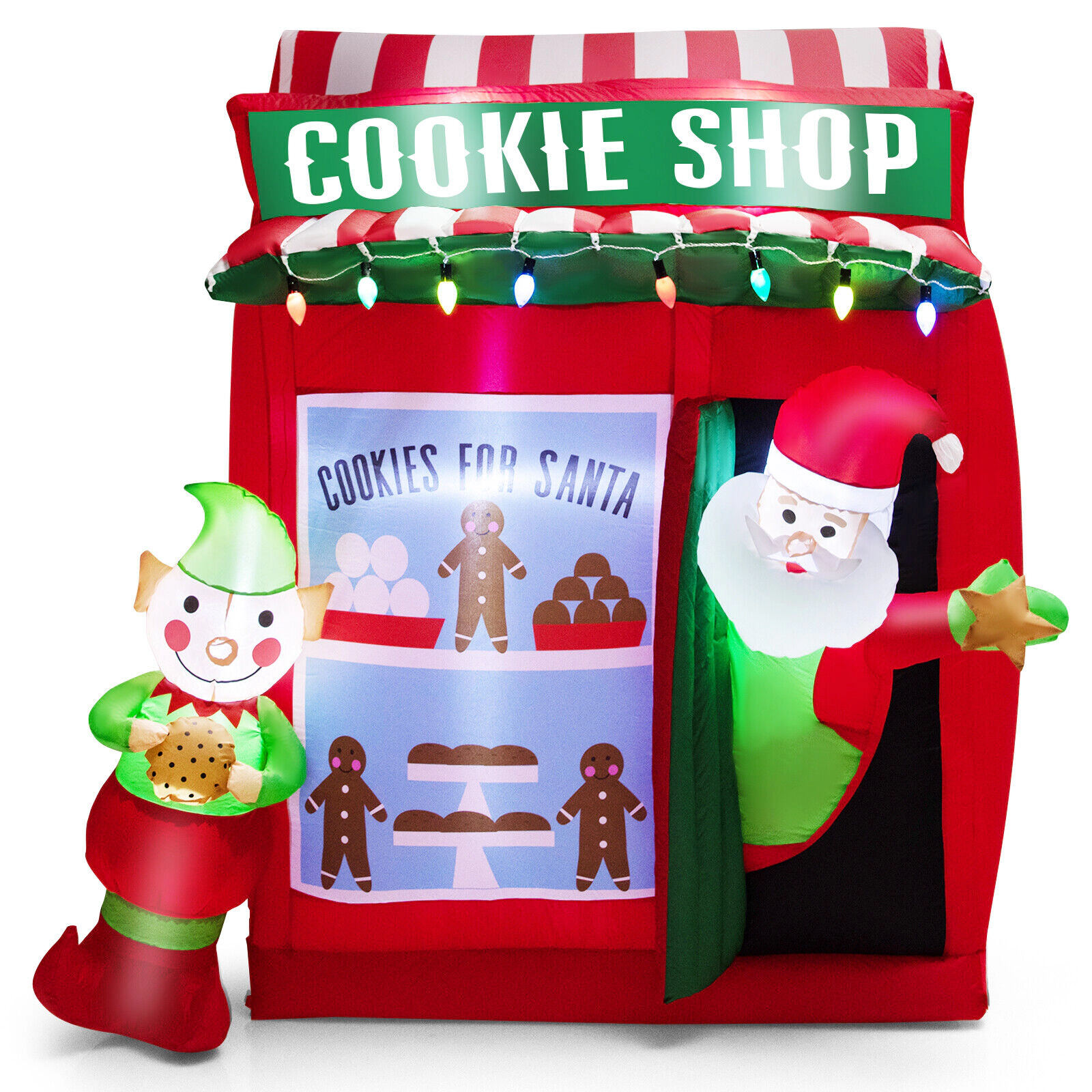 Glintex 6.3-Ft Inflatable Gingerbread Cookie Shop with String and LED Lights, Red