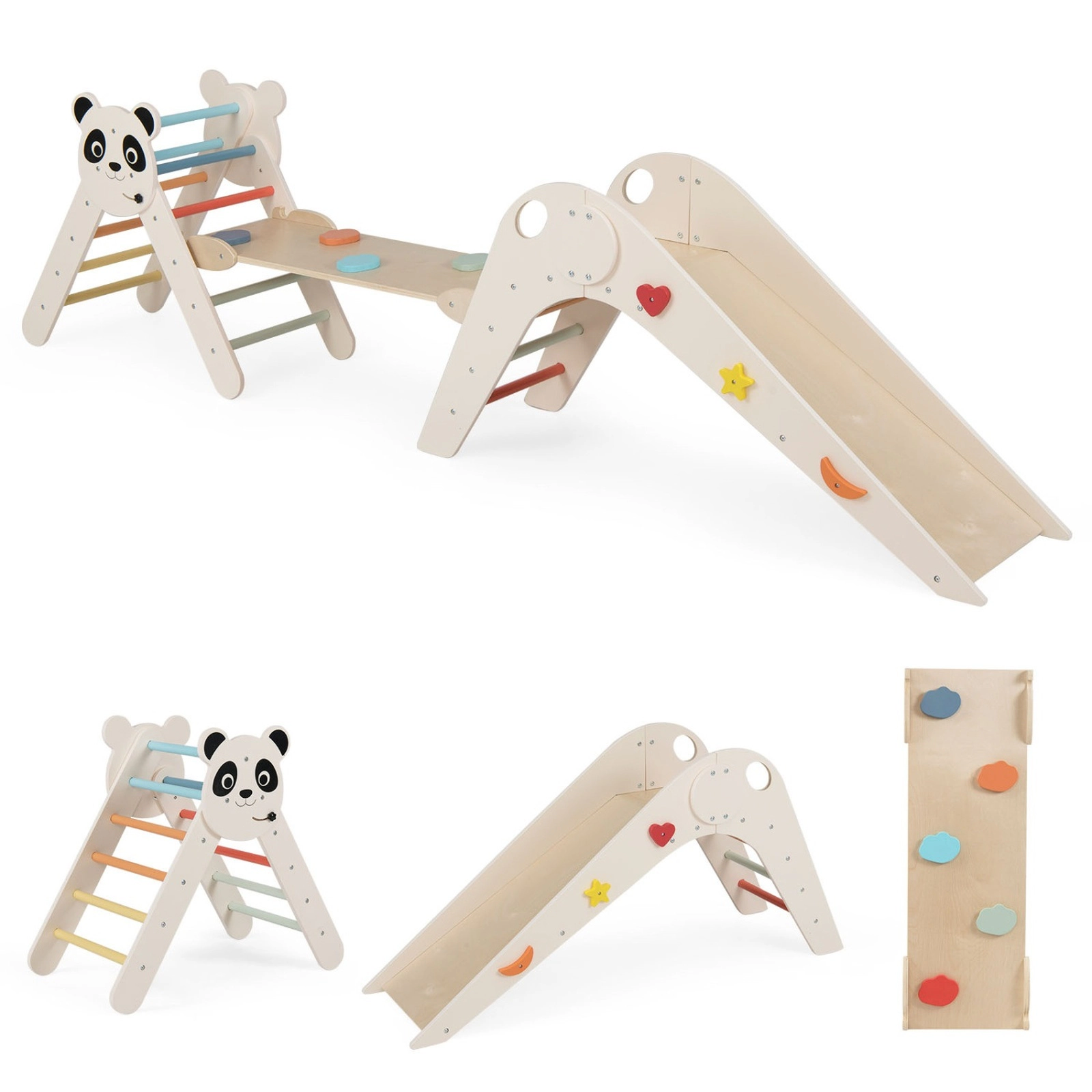 SUGIFT Foldable Montessori Triangle Climbing Set with Slide and Bridge 110-lb Capacity Ages 3+ White/Beige/Natural