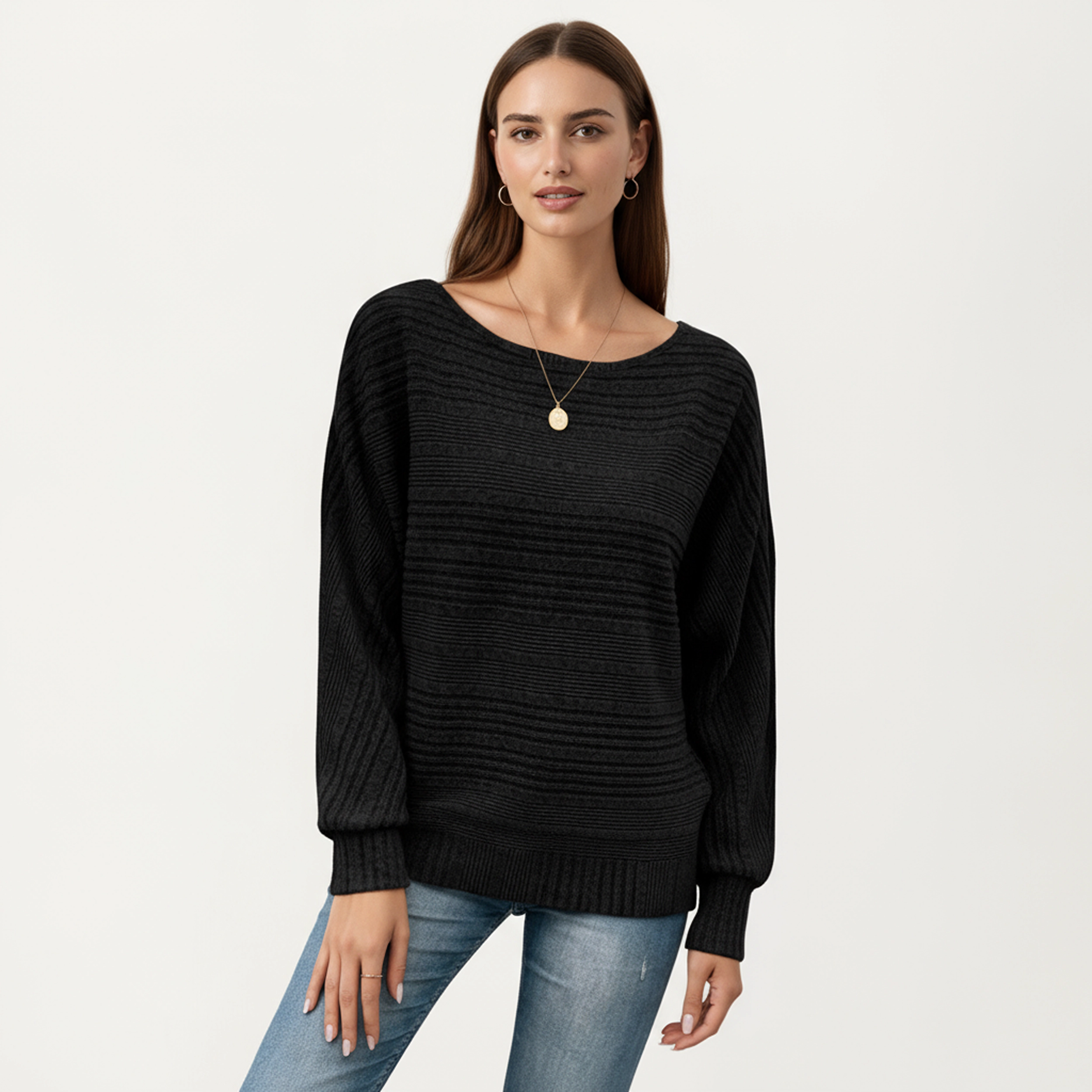 Anna-Kaci Women's Striped Boat Neck Relaxed Fit Long Sleeve Knit Sweater