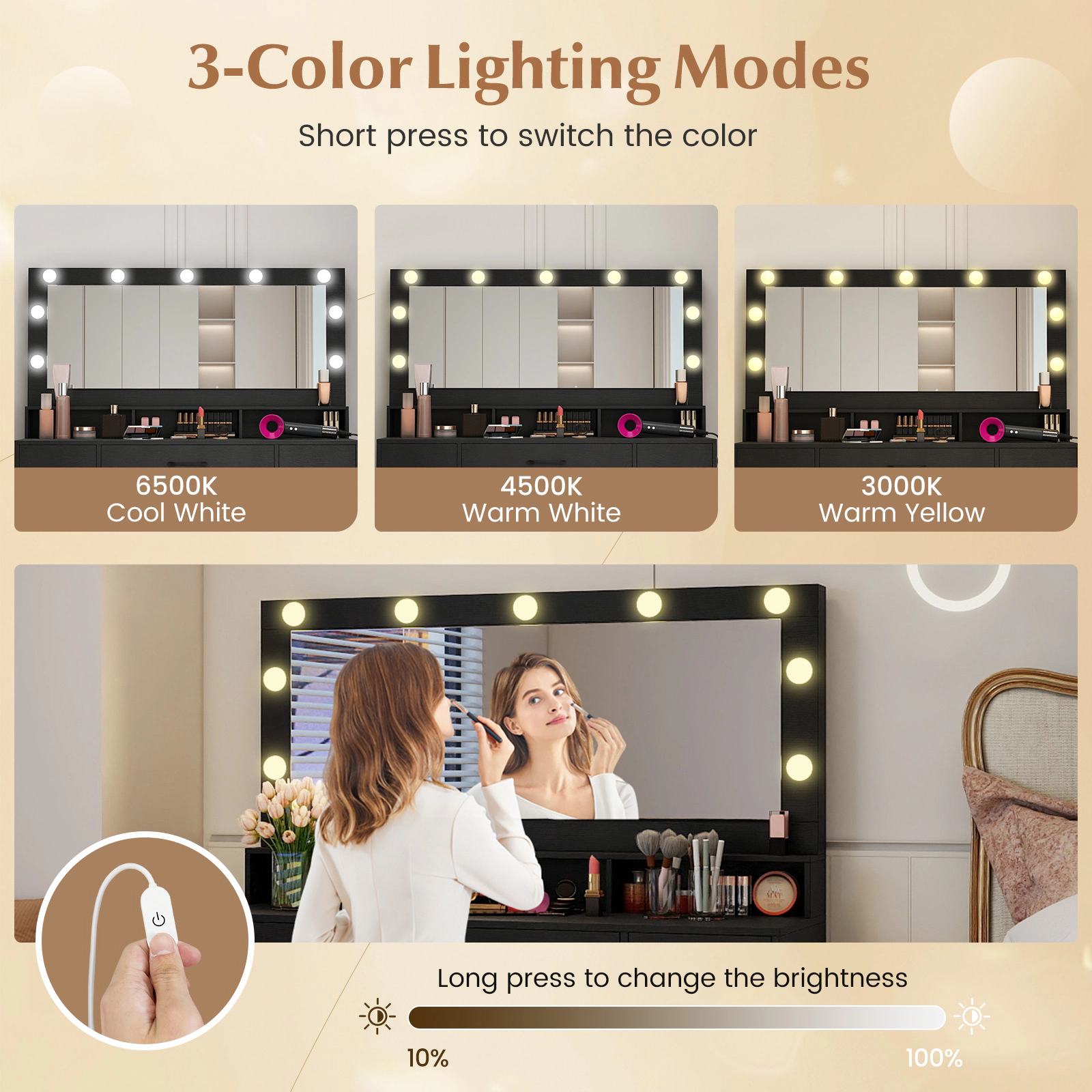 SUGIFT 46.5-in Vanity Desk Set with Lighted Mirror, 7 Drawers and Storage Stool