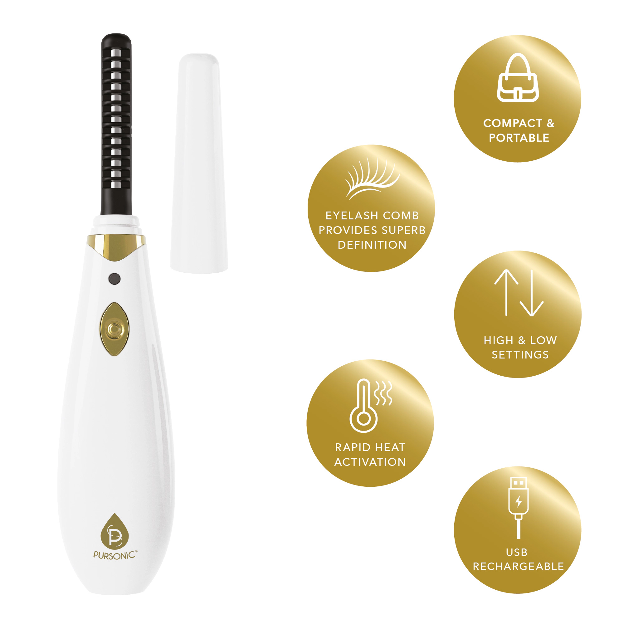 Pursonic Women's Rechargeable Heated Eyelash Curler with Comb