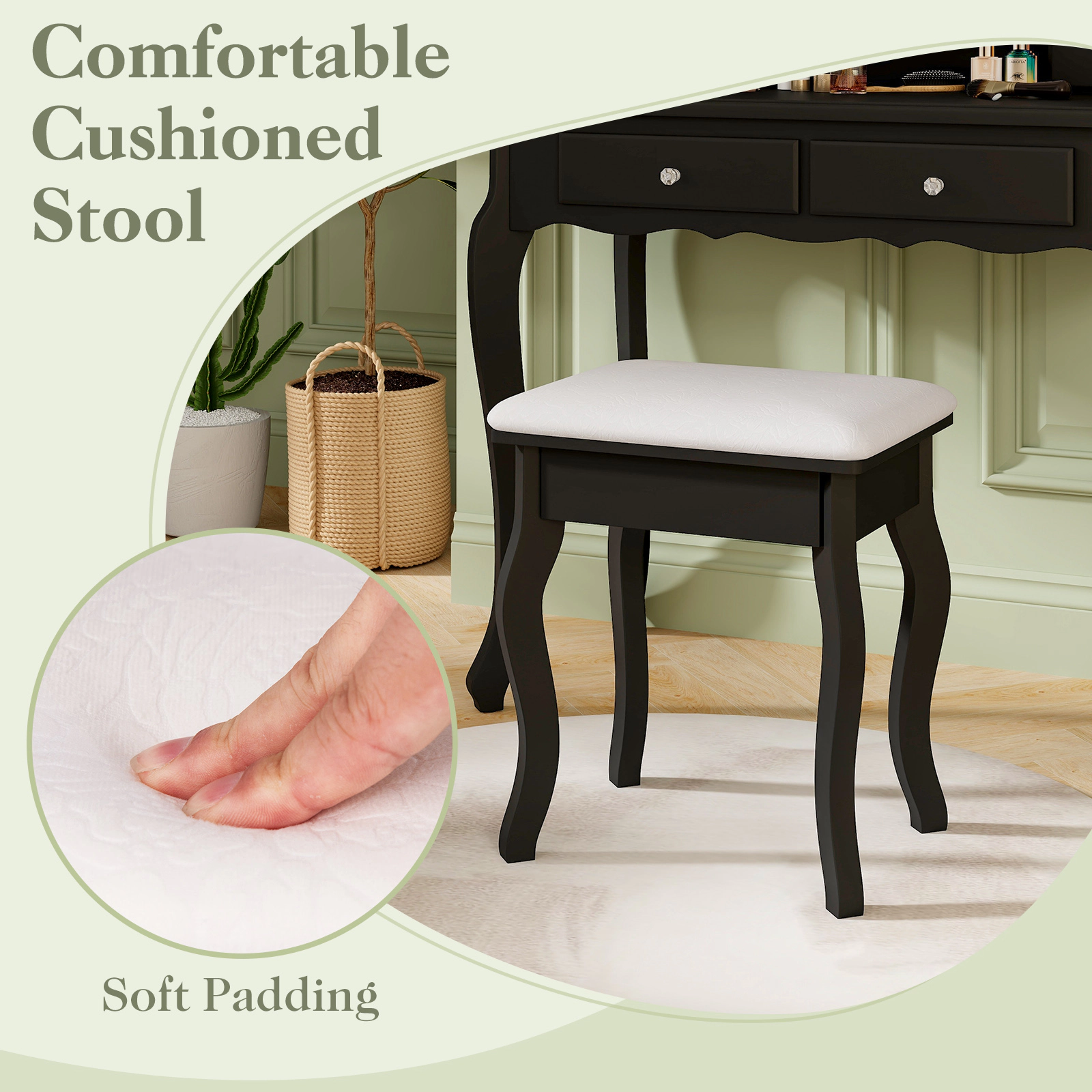SUGIFT Lighted Tri-Folding Mirror Makeup Vanity Table Set with Drawers & Cushioned Stool 200-lb Tabletop Capacity 330-lb