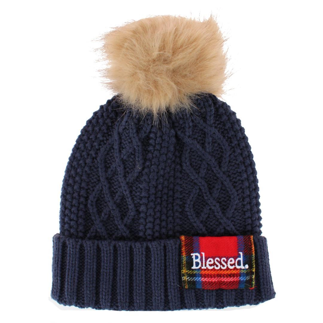David & Young Women's Blessed Plaid Patch Knit Winter Beanie with Pom