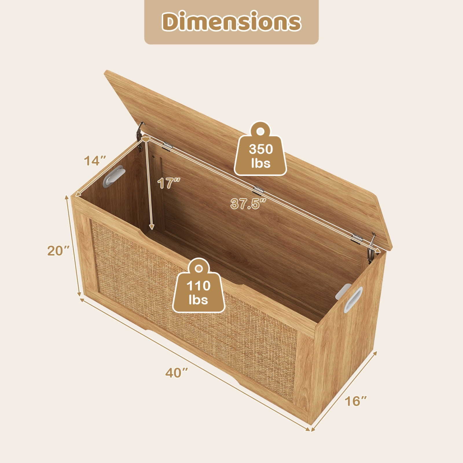 SUGIFT Kids Flip Top 2 Soft-Close Hinges Rattan Front Toy Box Storage Bench 40-in x 16-in x 20-in 350-lb Natural