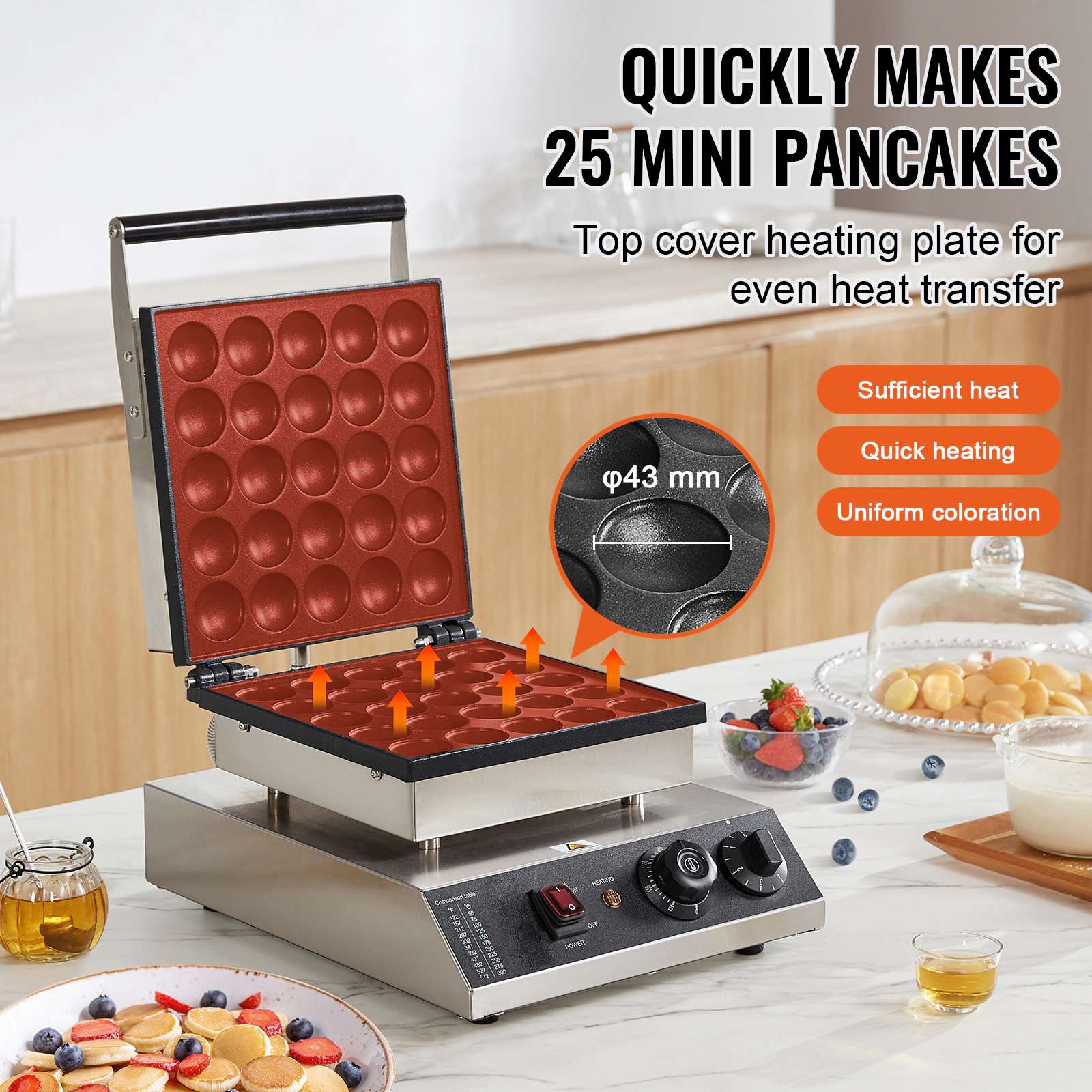 HONGGE Mini Dutch Pancake Maker 43mm Diameter Dorayaki Baker Machine 1700W Commercial Electric Poffertjes Grill