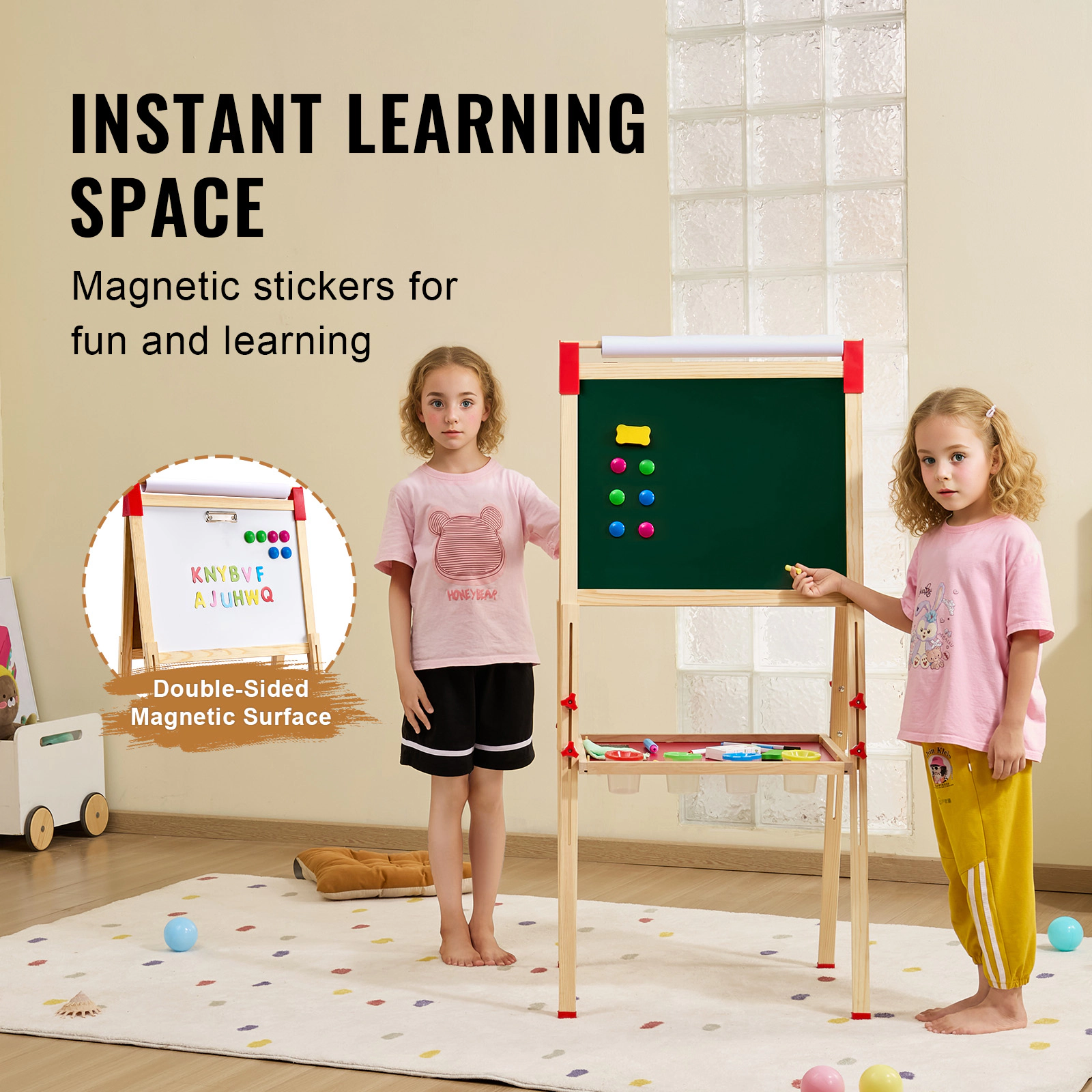 HONGGE Art Easel for Kids, 3-in-1 Wooden Double-Sided Kid's Art Easel with Magnetic Whiteboard, Chalkboard, Paper Roll