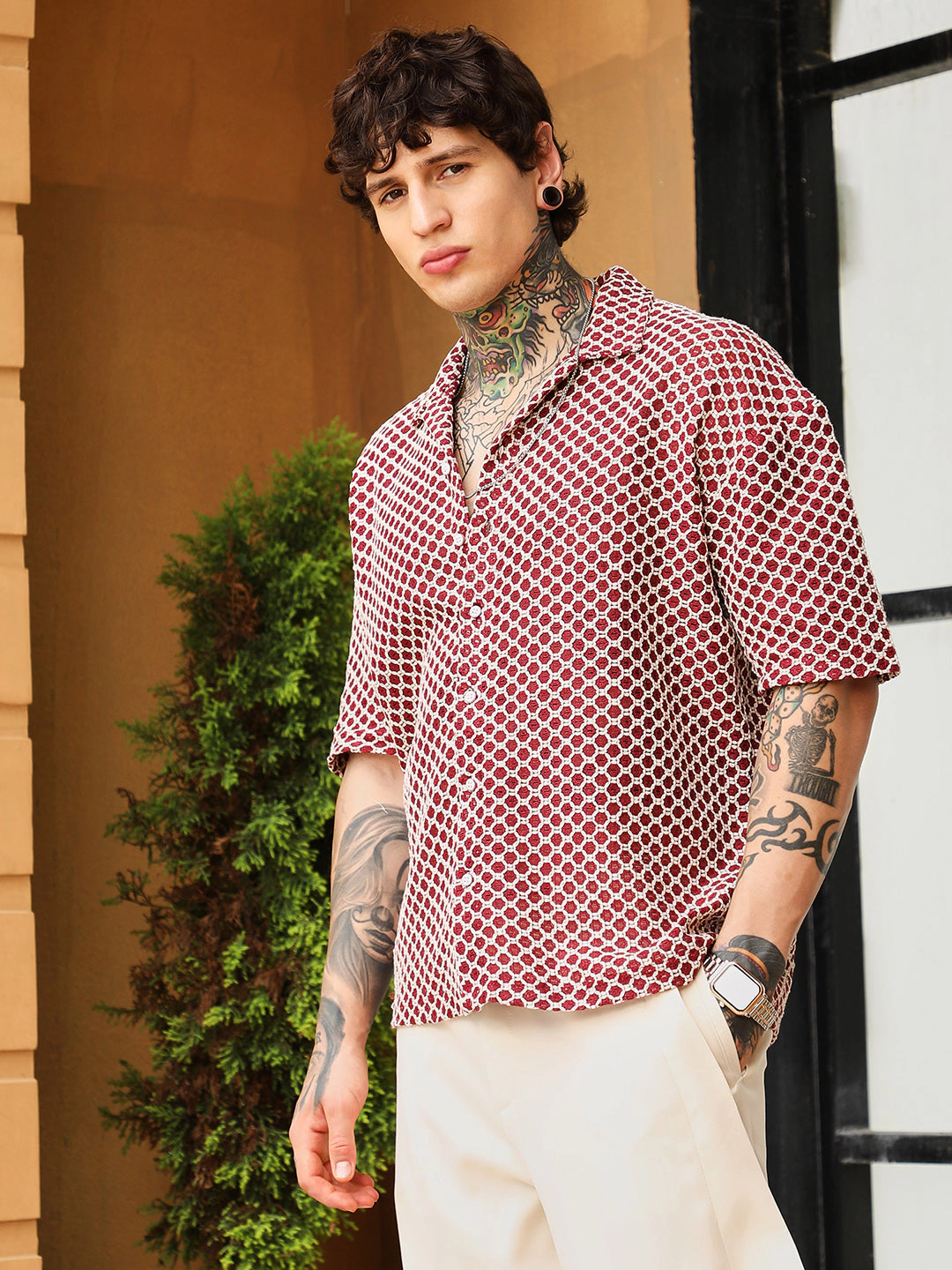 Geometric-Crochet Cuban Oversized Shirt