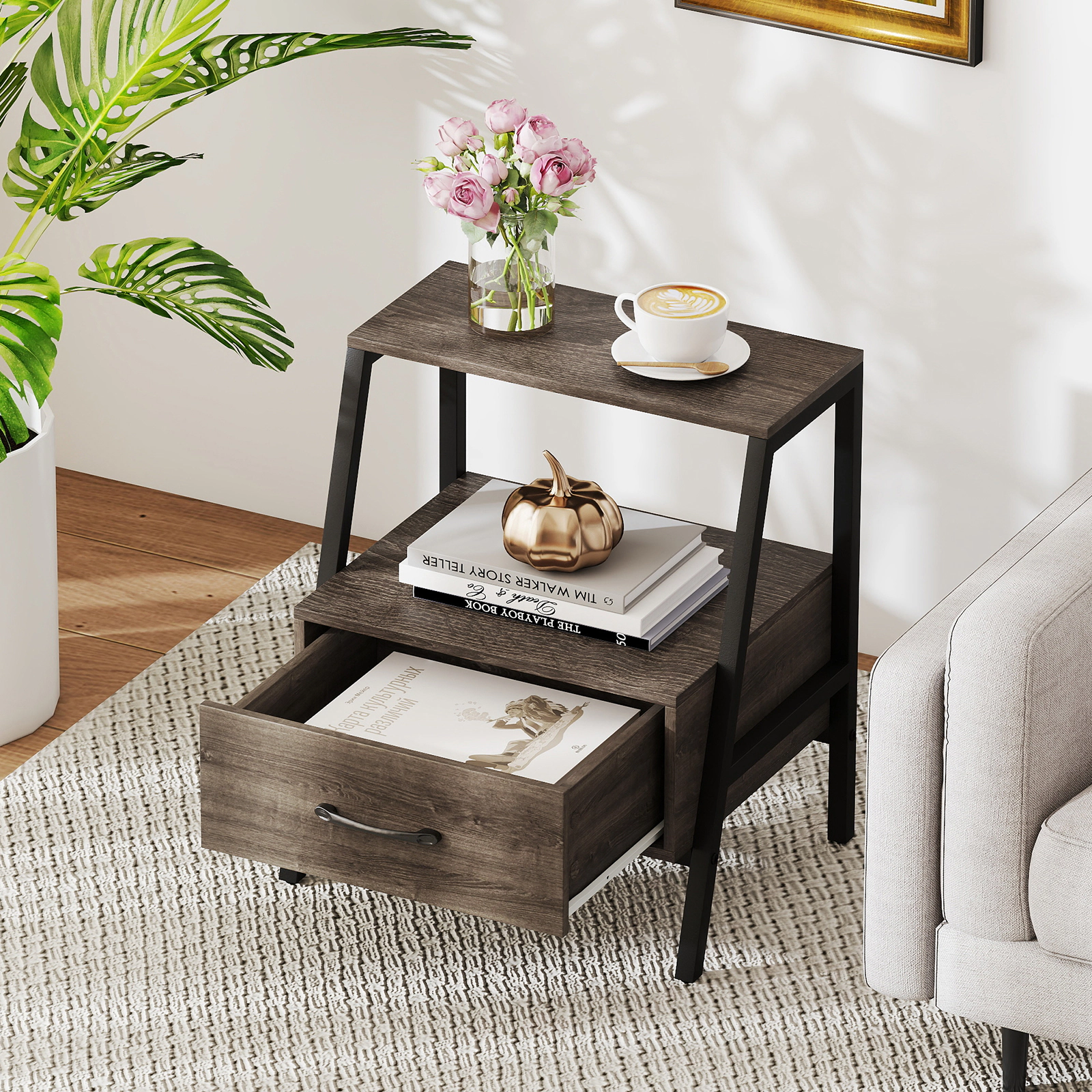SUGIFT 3-Tier Farmhouse Nightstand Open Shelf & Drawer 155-lb Capacity 17.5-lb Net Weight Gray Engineered Wood & Metal