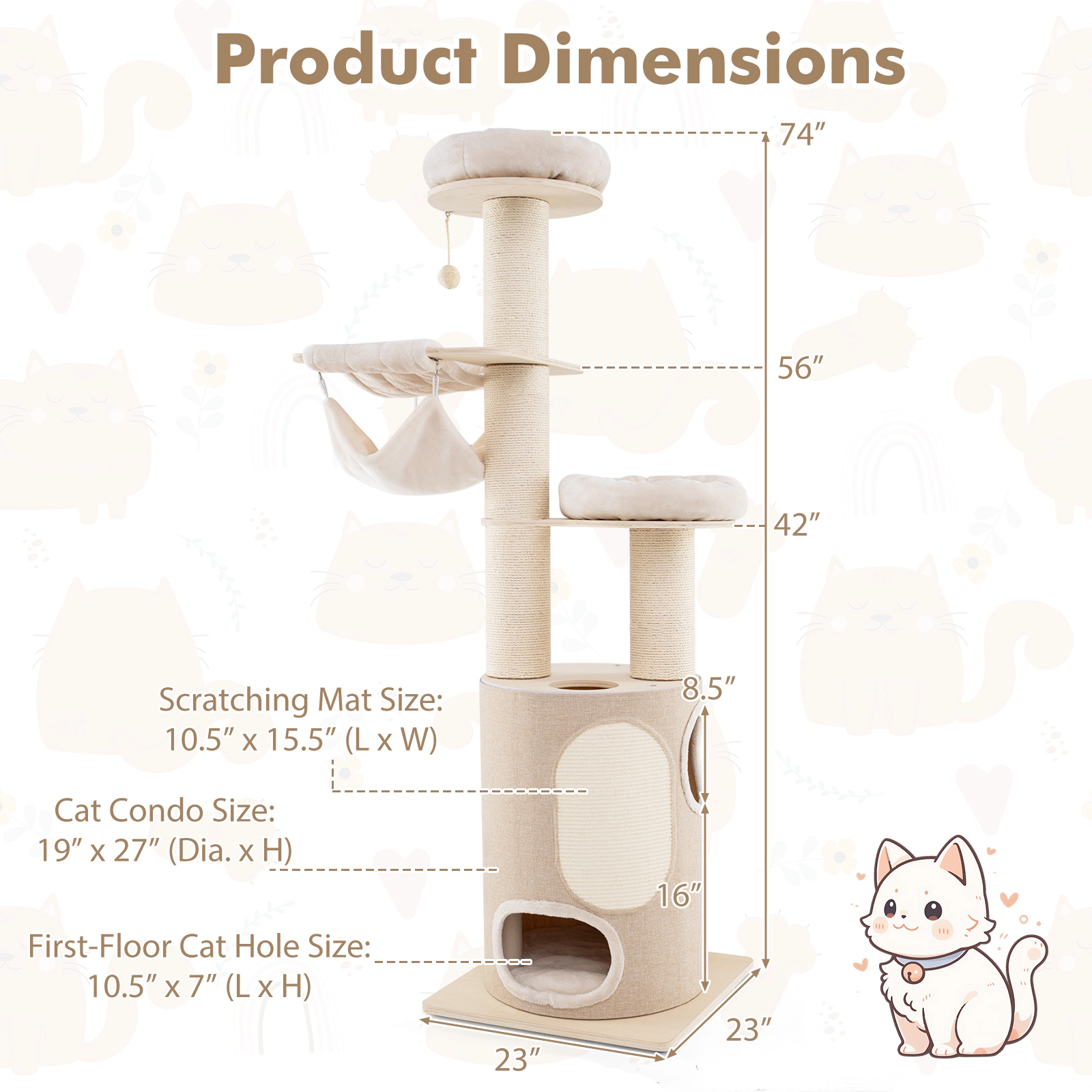 SUGIFT 74-in Natural Cat Tree for Large Cats with 2-Story Bamboo Condo 4 Cat Holes and 2 Hammocks