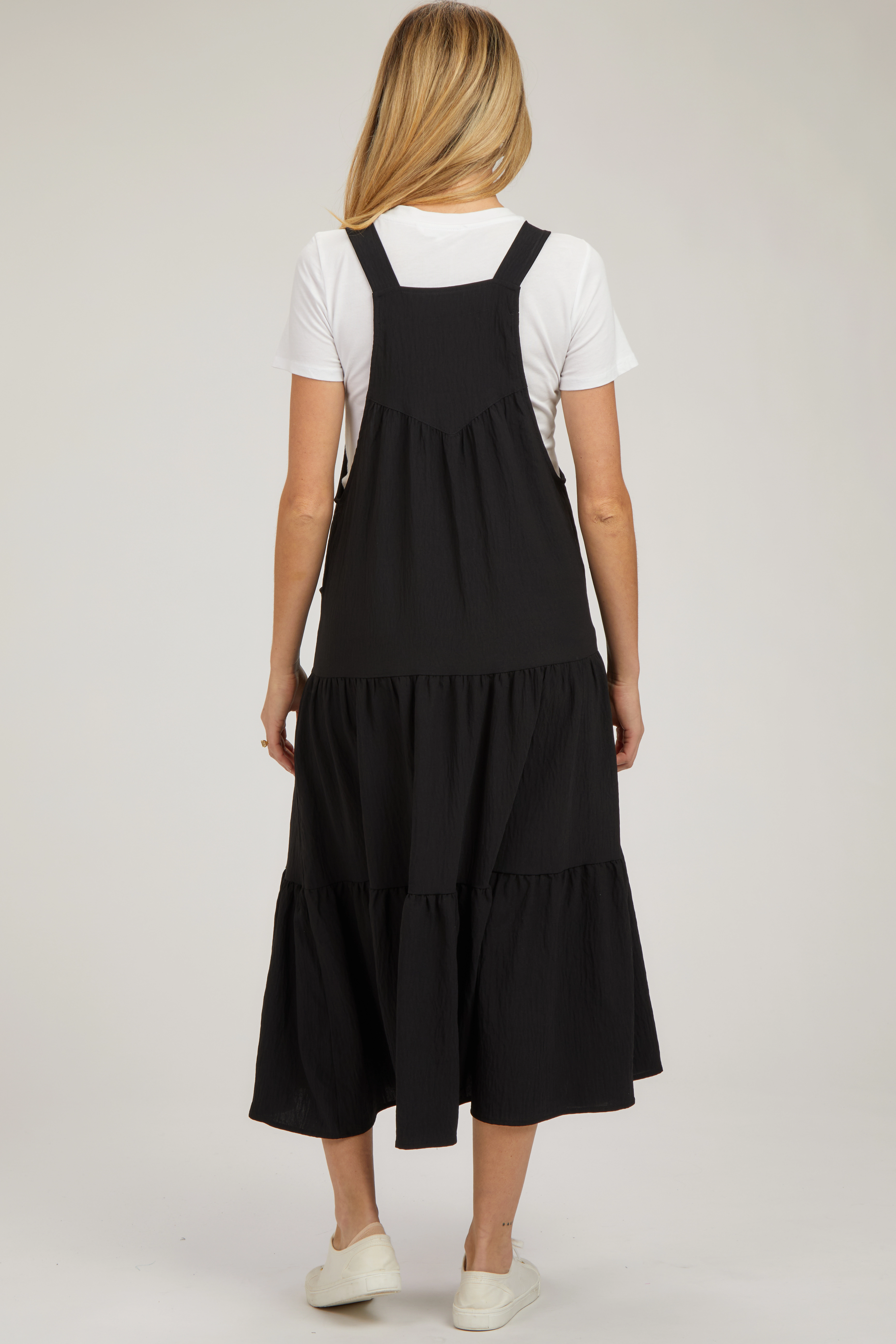PinkBlush Womens Black Button Sling Tiered Maternity Midi Dress