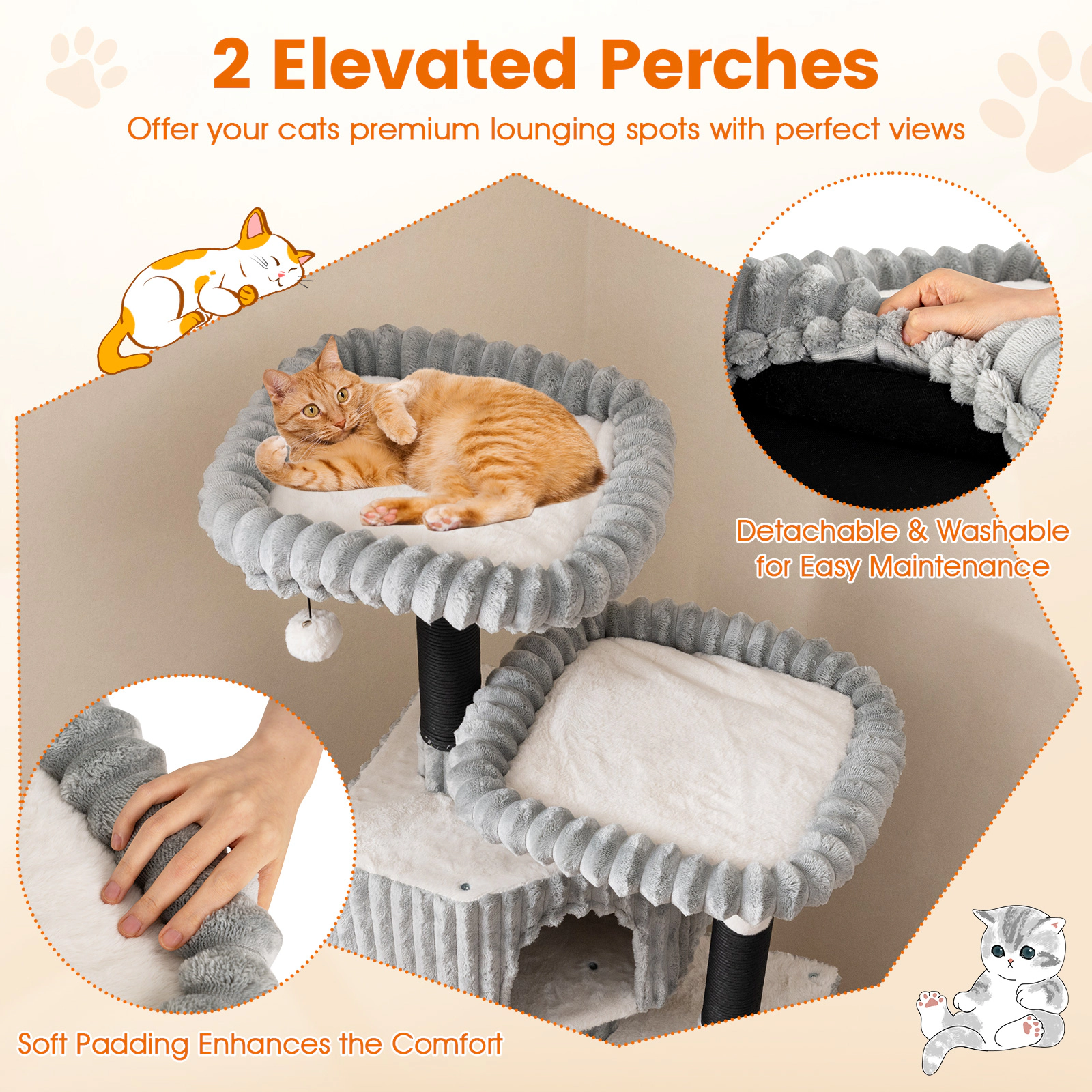 SUGIFT 62-in Light Gray Cat Tree Tower with Ribbed Flannel Covering and Faux Rabbit Fur Perches 23.5-in W
