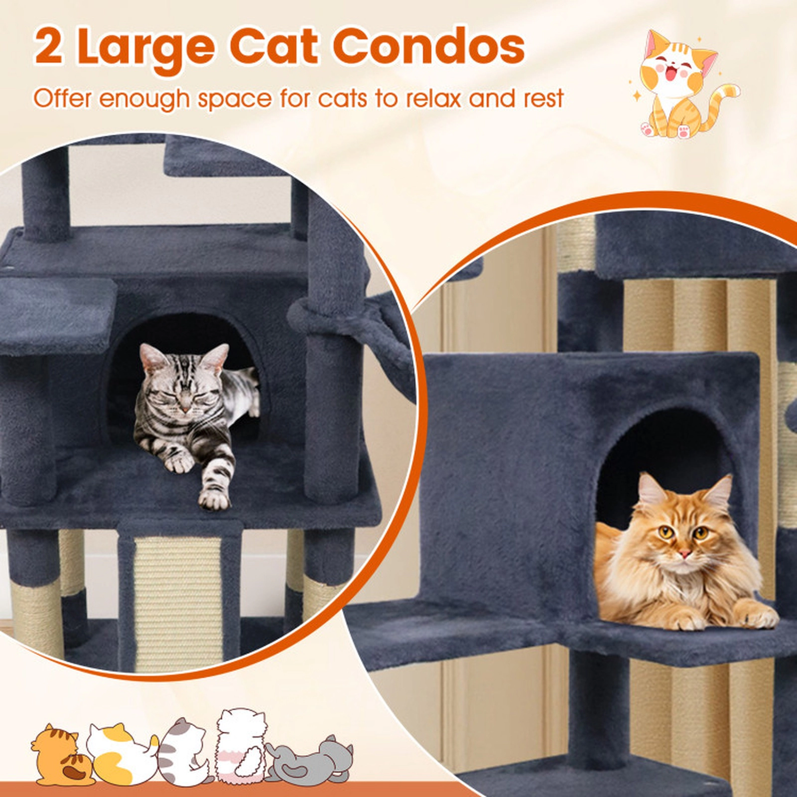 SUGIFT 65-in Tall Dark Gray Multi-Level Cat Tree with 3 Perches 2 Condos Ladder and Scratching Board