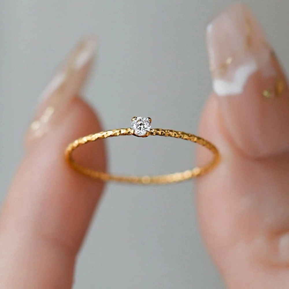 Dainty Hammered Thin Band Ring Solitaire Cubic Zirconia Minimalist Gold‑Tone Stacking Ring for Women