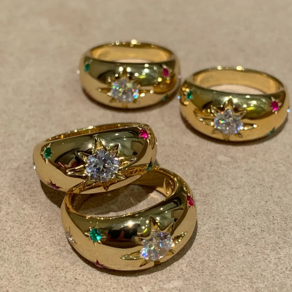 Wardrobe Whimsy Vintage Star Multicolor Cubic Zirconia Gold Tone Dome Ring