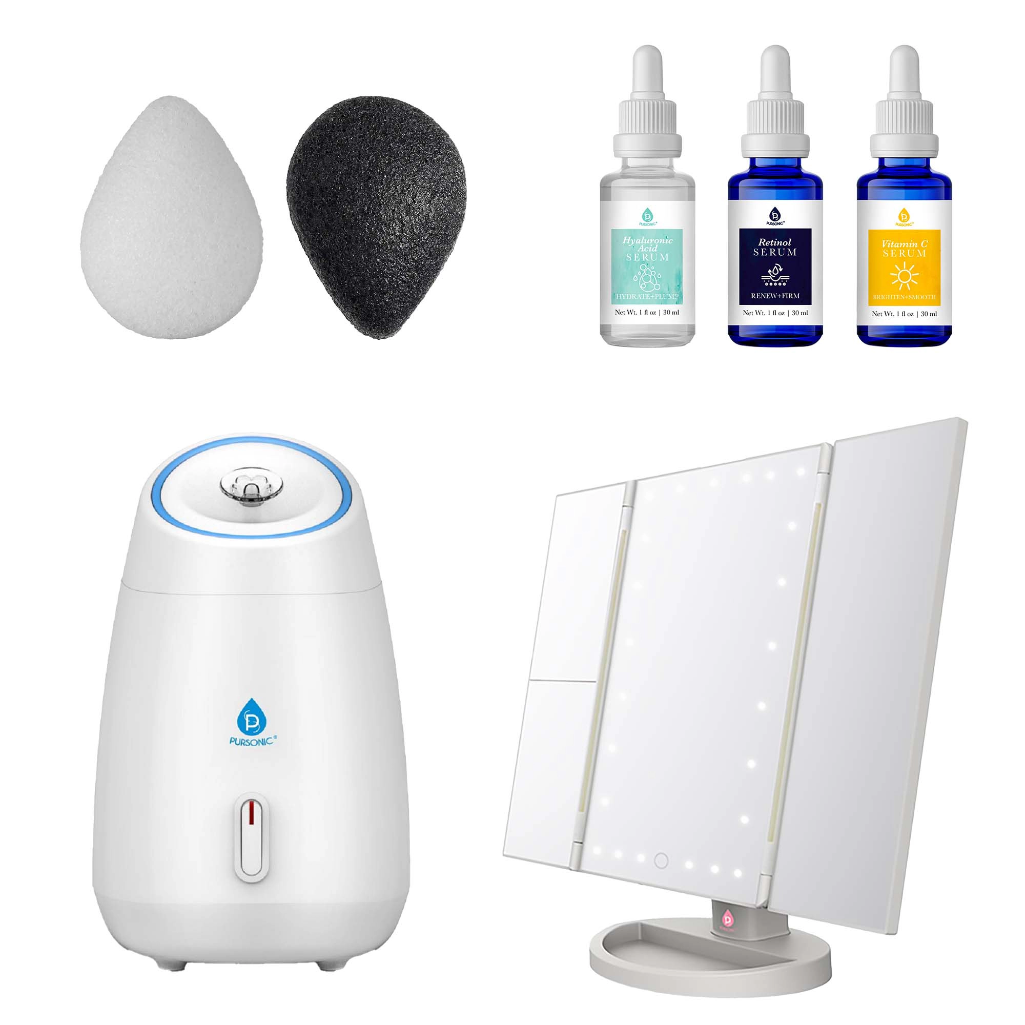 Pursonic Unisex Facial Care & Beauty Essentials Vanity Mirror, Facial Steamer & Skincare Bundle