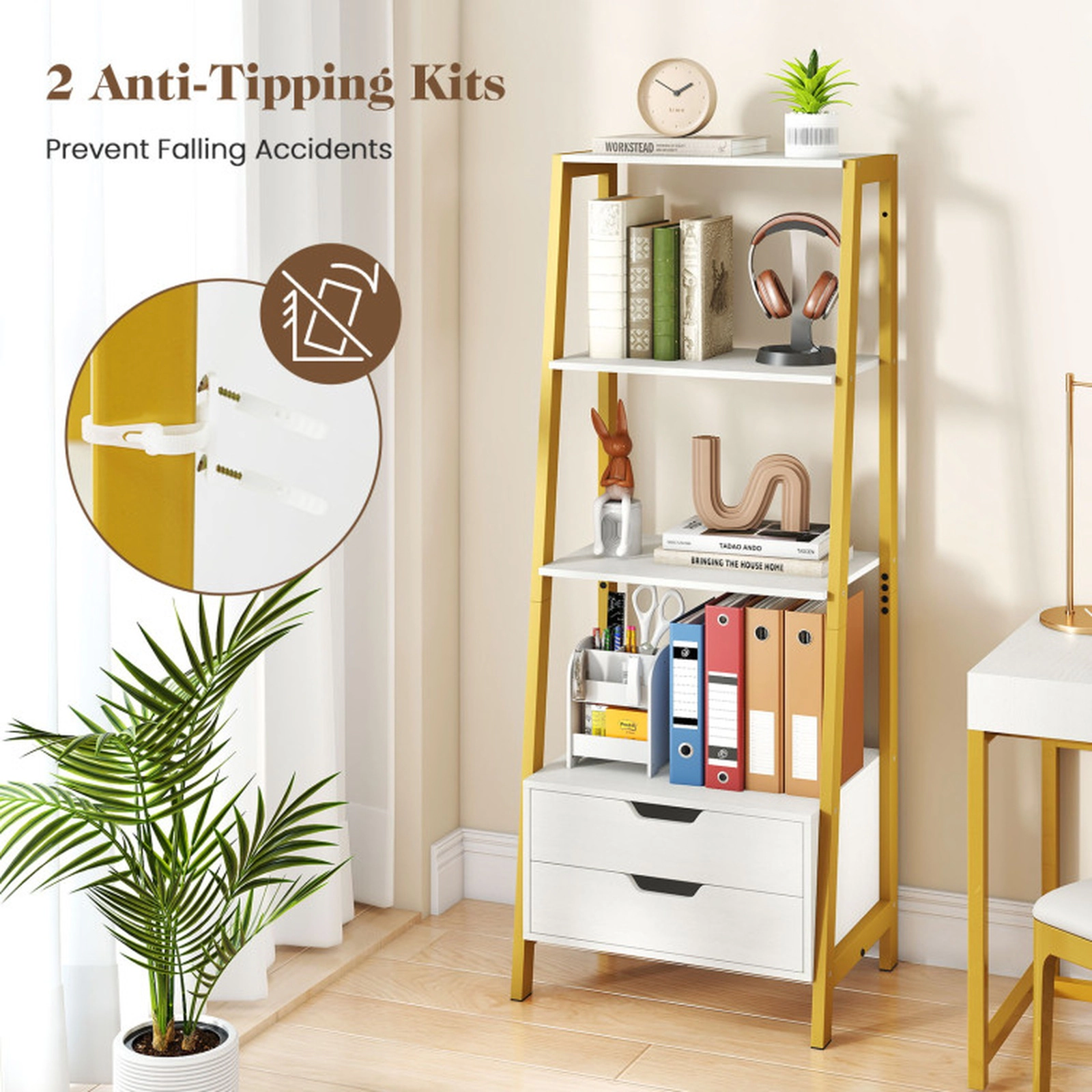 SUGIFT 4-Tier Ladder Shelf with 2 Drawers Freestanding Bookcase 200-lb Total Capacity 40-lb Shelves 20-lb Drawers White