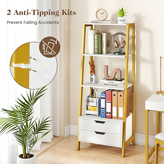 SUGIFT 4-Tier Ladder Shelf with 2 Drawers Freestanding Bookcase 200-lb Total Capacity 40-lb Shelves 20-lb Drawers White