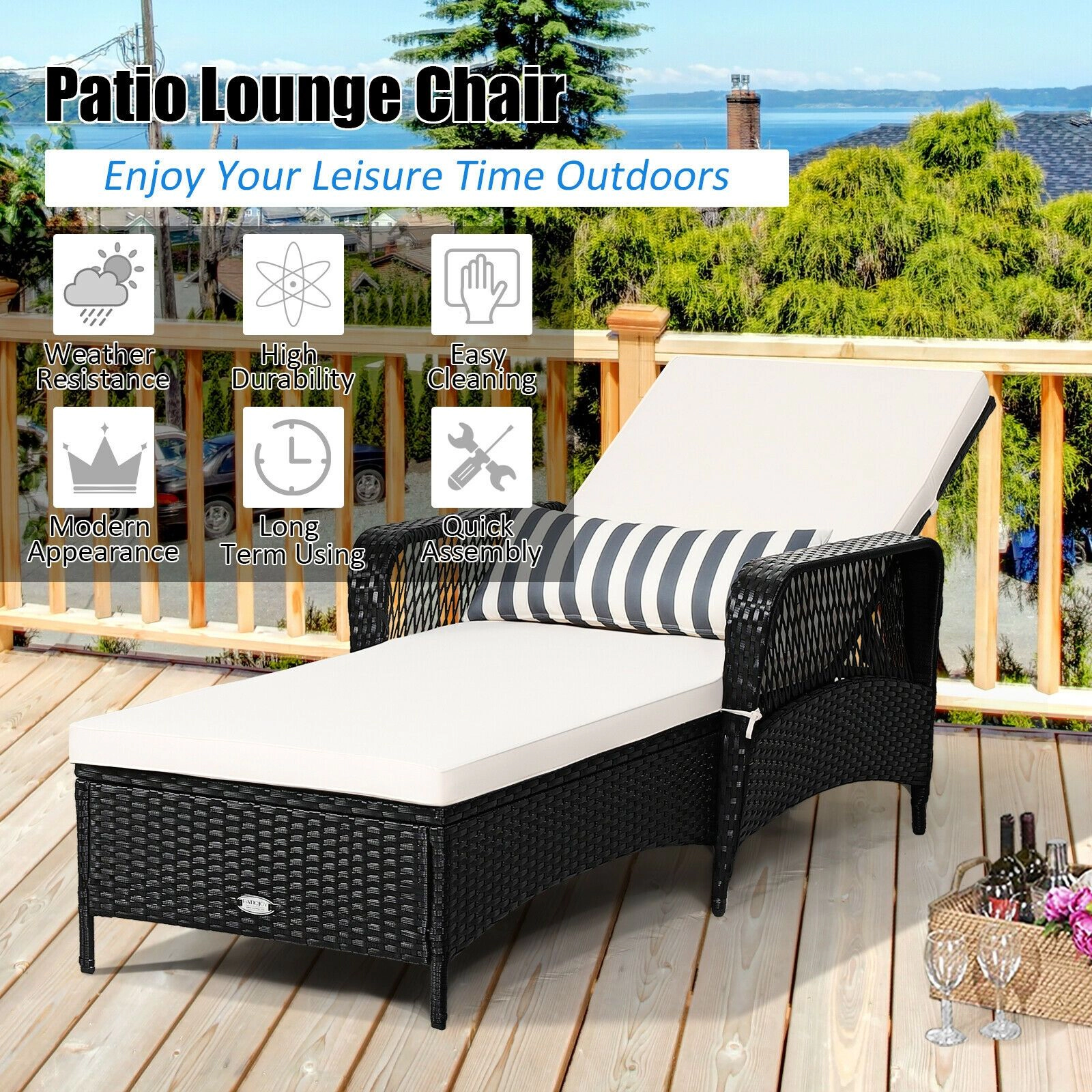 SlickBlue Outdoor Reclining Wicker Chaise Lounge with Lumbar Pillow