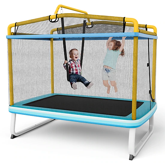 SUGIFT Kids 6-ft Rectangle Trampoline with Enclosure Net Swing and Horizontal Bar 75-in W 49-in D Orange